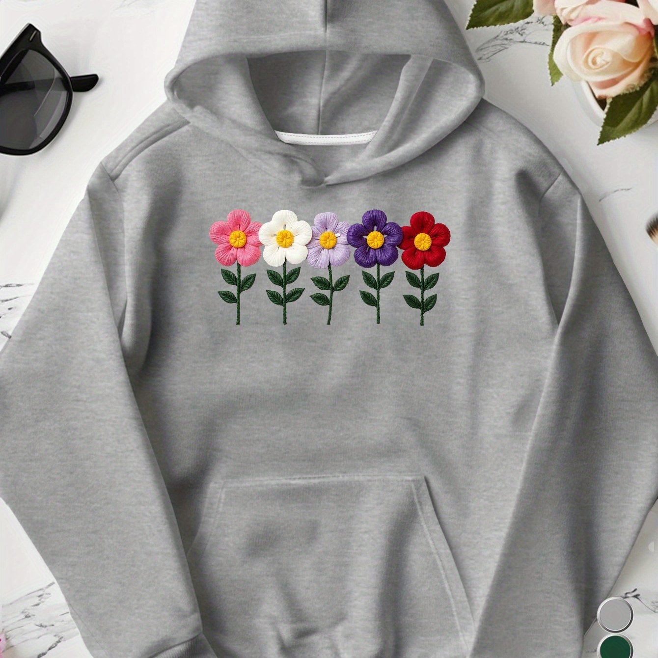 Embroidered Colorful Flowers Row Women'S Plus Size Hoodies
