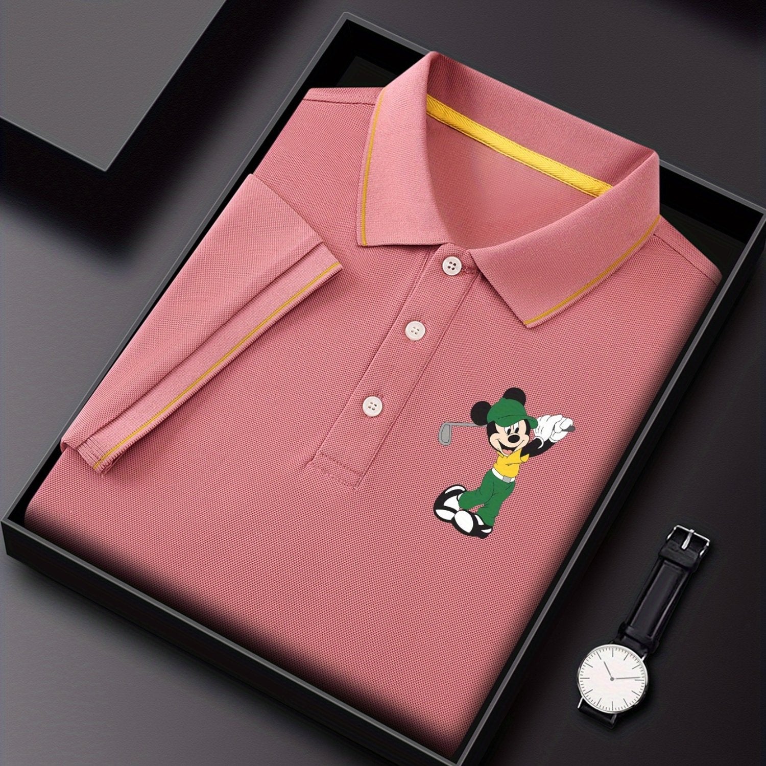 Disney Mickey Golf Sports Style Printed Short Sleeve Polo Shirt, Premium Business Casual, Lightweight Polyester, Quick Drying and Breathable Golf Shirt, Polo Shirt, Suitable for Outdoor Golf and Tennis, Perfect Gift Choice fo