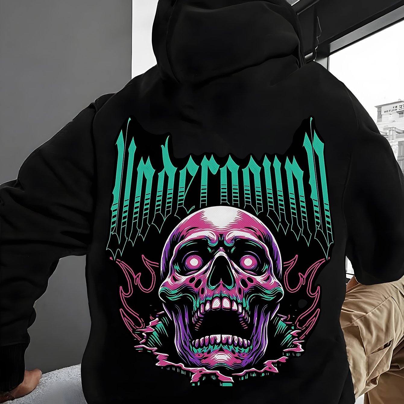 Men's Casual Cotton Blend Hoodie with Skull Print, 50% Cotton 50% Polyester, Knit Fabric, Regular Fit, Fall/Winter Collection, Soft and Comfortable with Pocket Detail