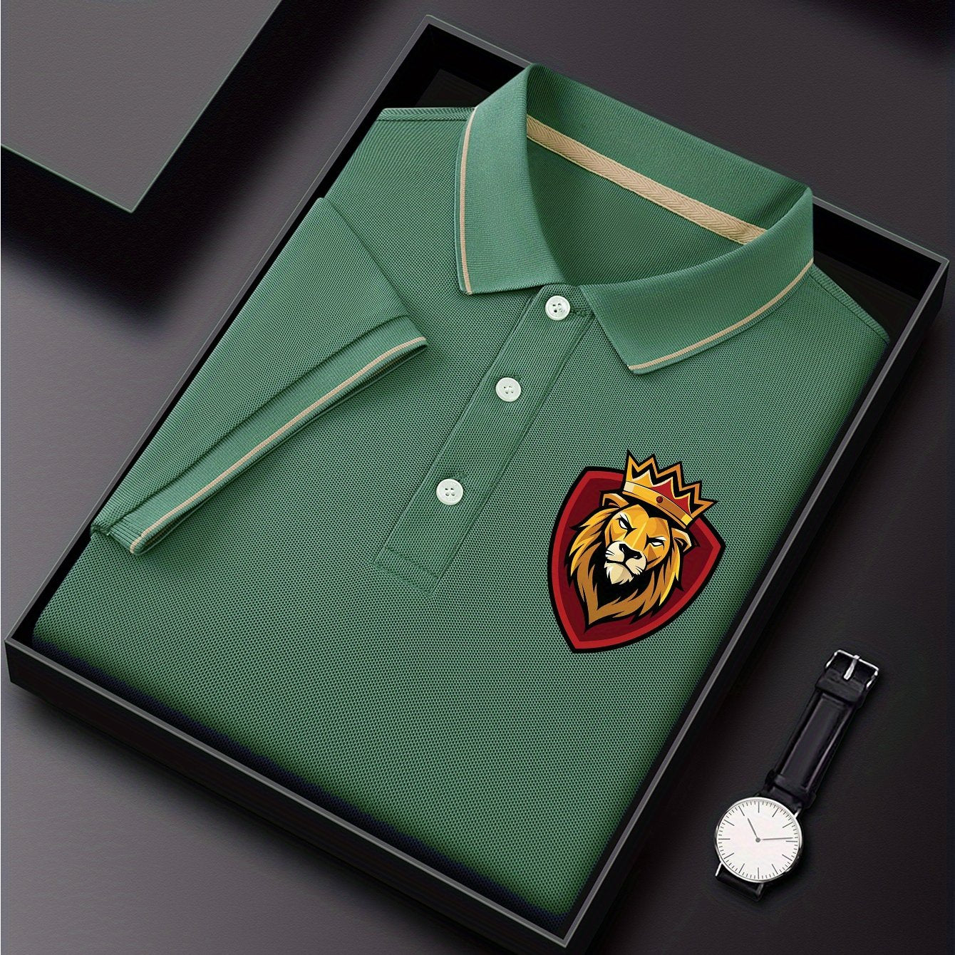 Disney Men's Classic Shirt with Simba Lion King Print - Lightweight Quick-Dry Breathable Polyester, Short Sleeve Collar, Premium Casual Business Casual Style, Vibrant Green with Red Shield Emblem & Golden Crown - Summer Casua