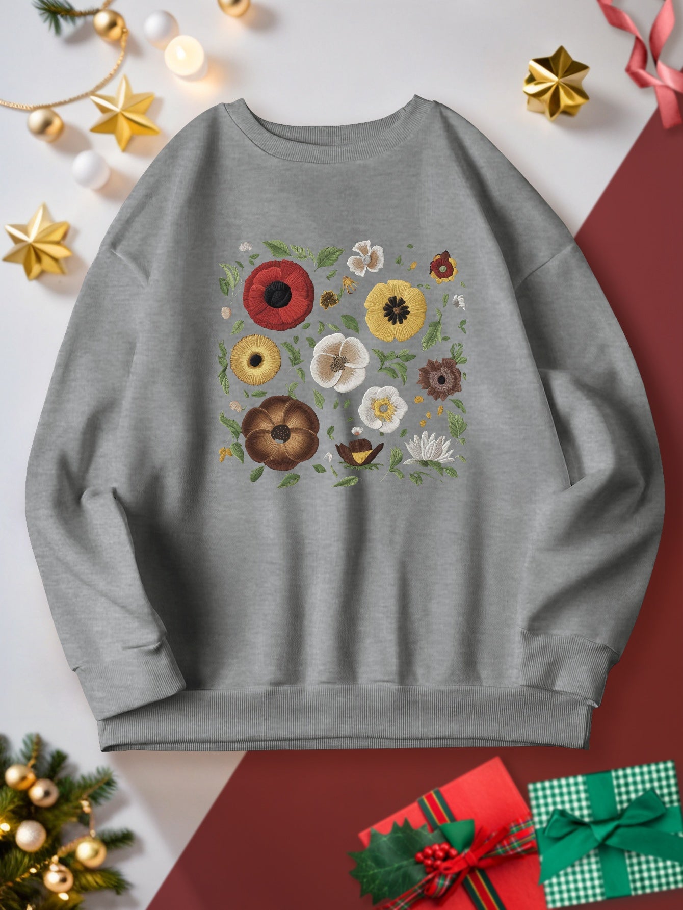 Women's Plus Size Floral Embroidery Sweatshirt - Casual Crew Neck, Long Sleeve Pullover for Fall/Winter, Machine Washable