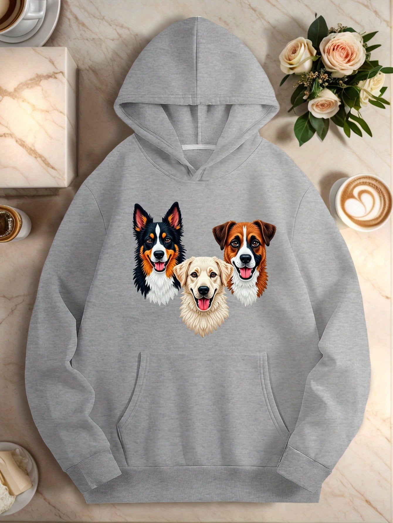 Three Embroidered Dog Faces Women'S Plus Size Casual Hoodies