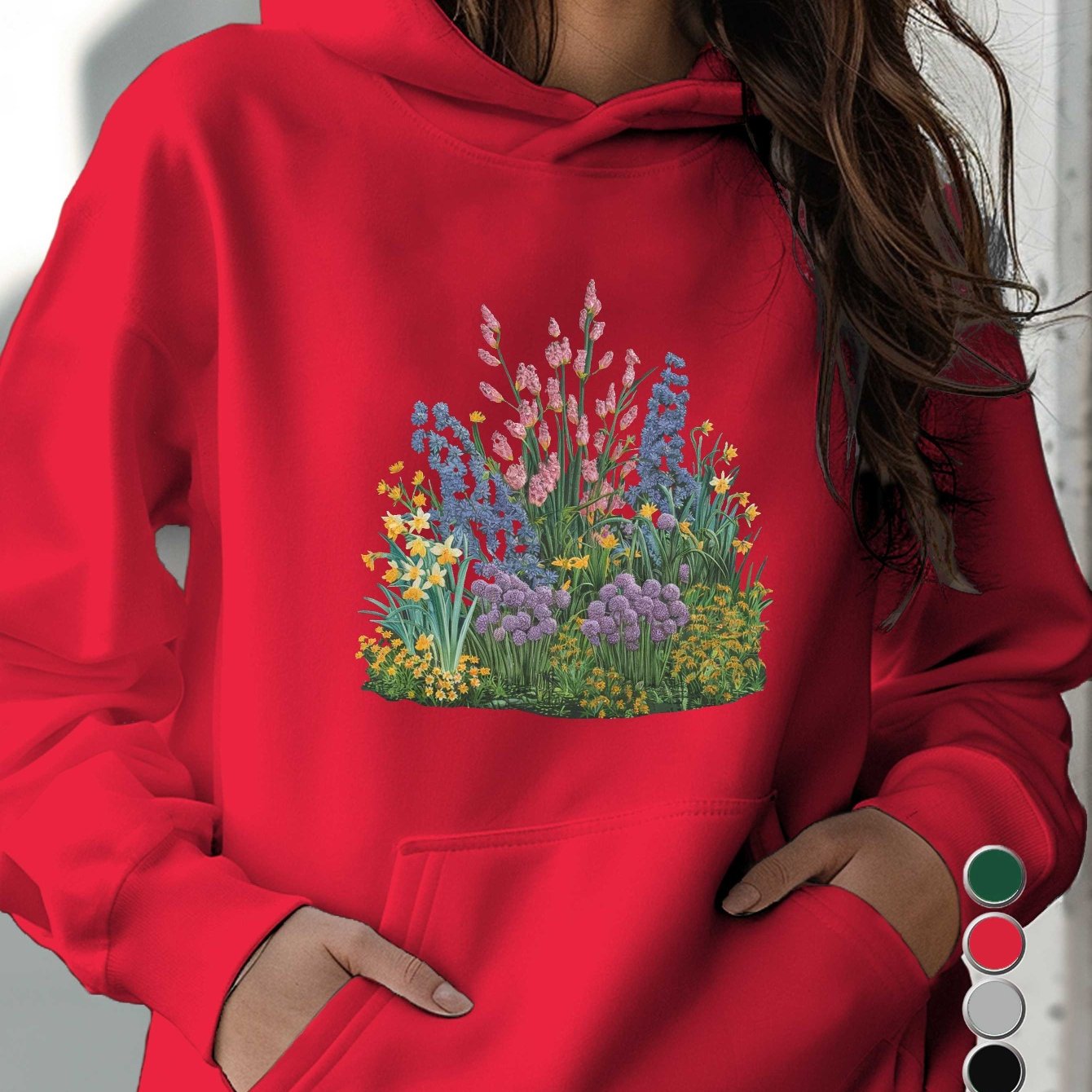 teediy Women's Hoodie with Embroidered Miniature Garden Floral Design, 100% Polyester, Front Pockets, Regular Fit Long Sleeve Casual Pullover for Autumn/Winter, Machine Washable