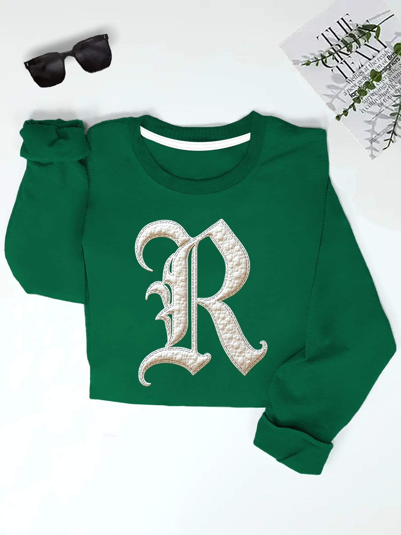 Women'S Gothic Letter R Embroidered Sweatshirt, Casual Crew Neck Long Sleeve Pullover, Geometric Pattern, Regular Fit, Fall/Winter Collection, Cute Sweatshirts