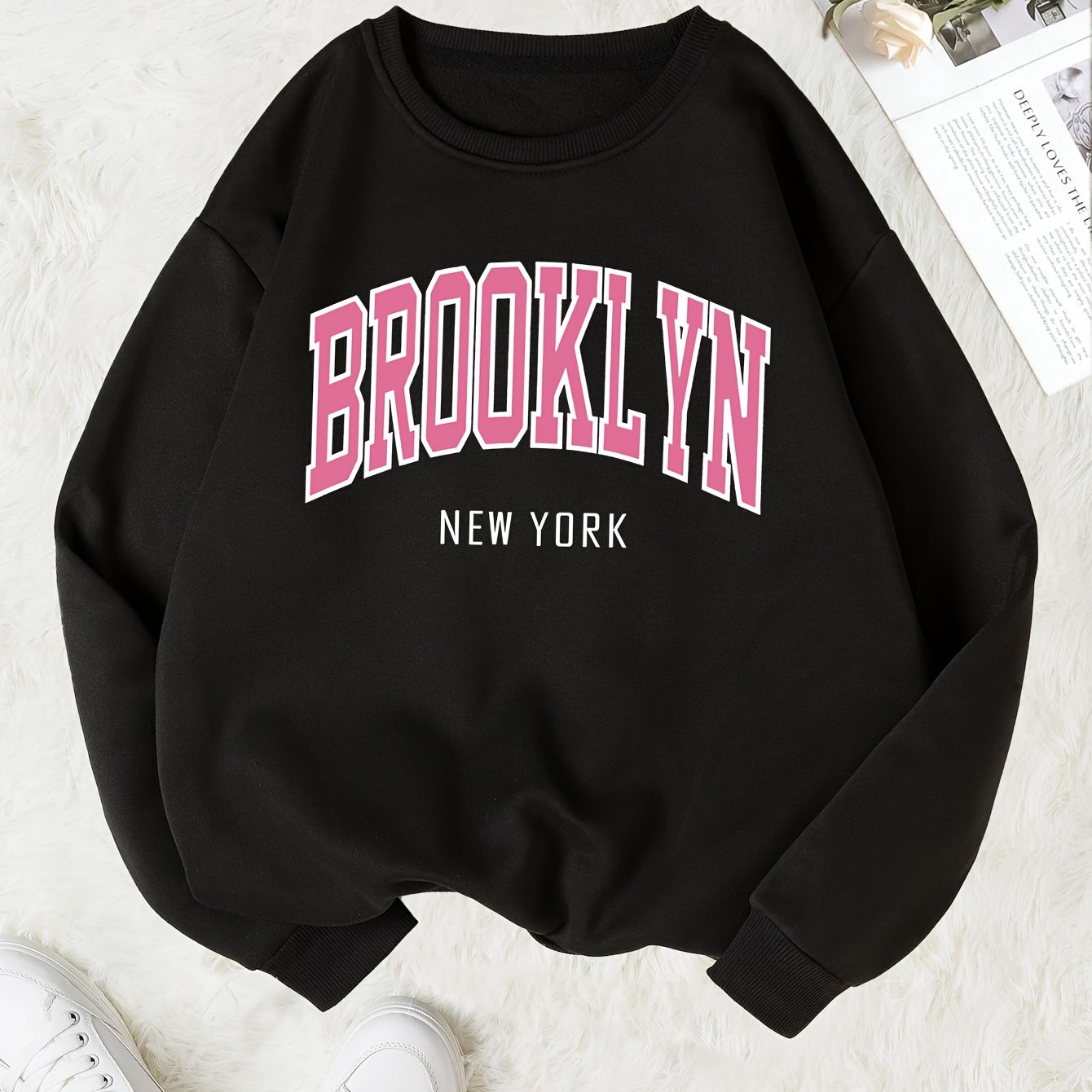 Women's Brooklyn Print Black Pullover Sweater - Cozy Blend, Crew Neck, Long Sleeve, Casual Style for Fall and Winter, Cozy Pullover|Crew Neck Sweater| Blend Fabric