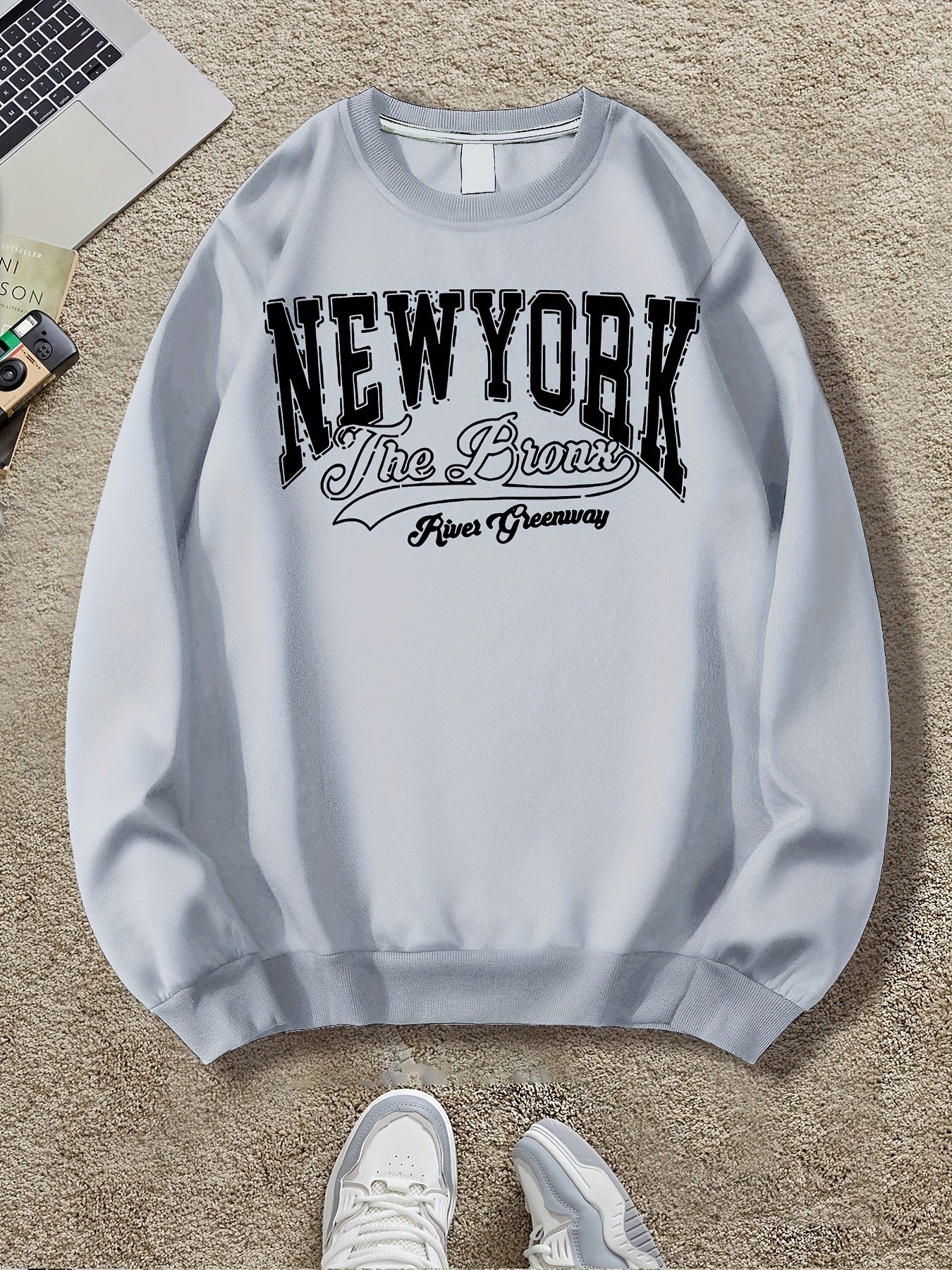 Men's Casual New York Graphic Sweatshirt - Soft Polyester, Loose Fit, Round Neck, Long Sleeve, Machine Washable, Perfect for Spring & Fall, Unique Print Design, Casual Wear | Urban Style Sweatshirt | Soft Polyester Fabric