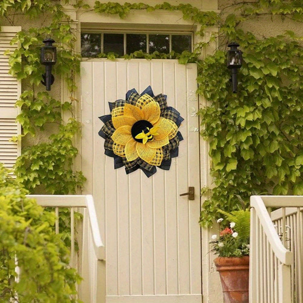 Rustic Burlap Sunflower Wreath with Bee Decor - Farmhouse Wall Art & Front Door Hanging for Easter, Spring, Summer, St. Patrick’s Day - No Electricity Needed, Vibrant Yellow & Black Checkered Design, Sunflower Outdoor Decor