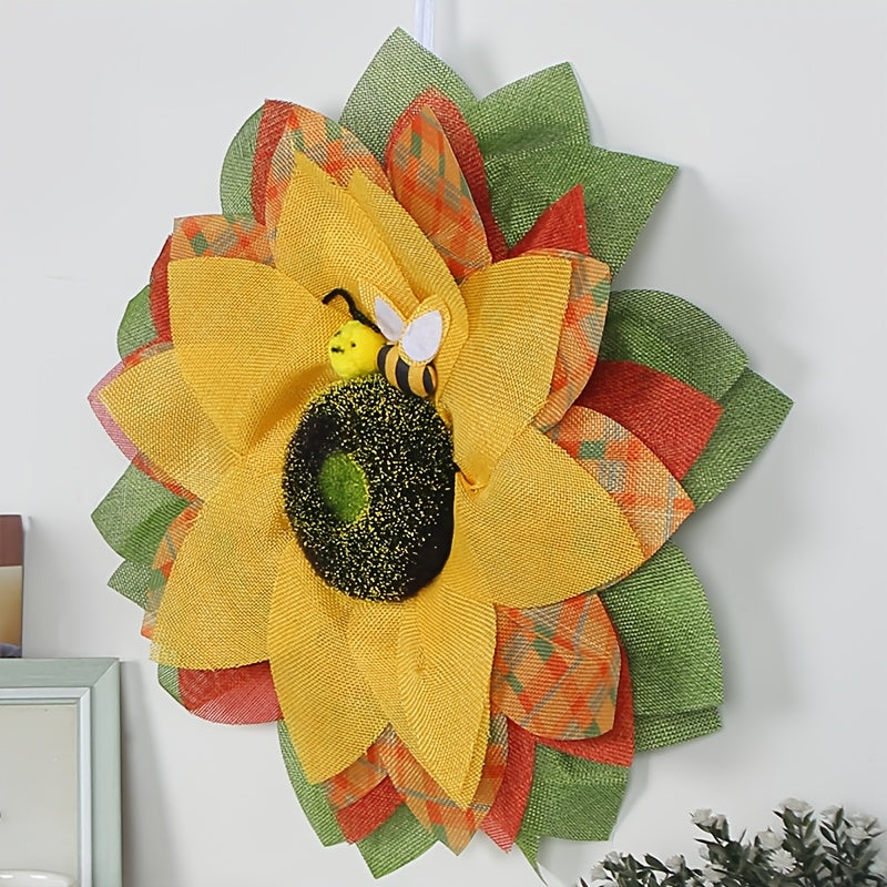 Rustic Burlap Sunflower Wreath with Bee Decor - Farmhouse Wall Art & Front Door Hanging for Easter, Spring, Summer, St. Patrick’s Day - No Electricity Needed, Vibrant Yellow & Black Checkered Design, Sunflower Outdoor Decor