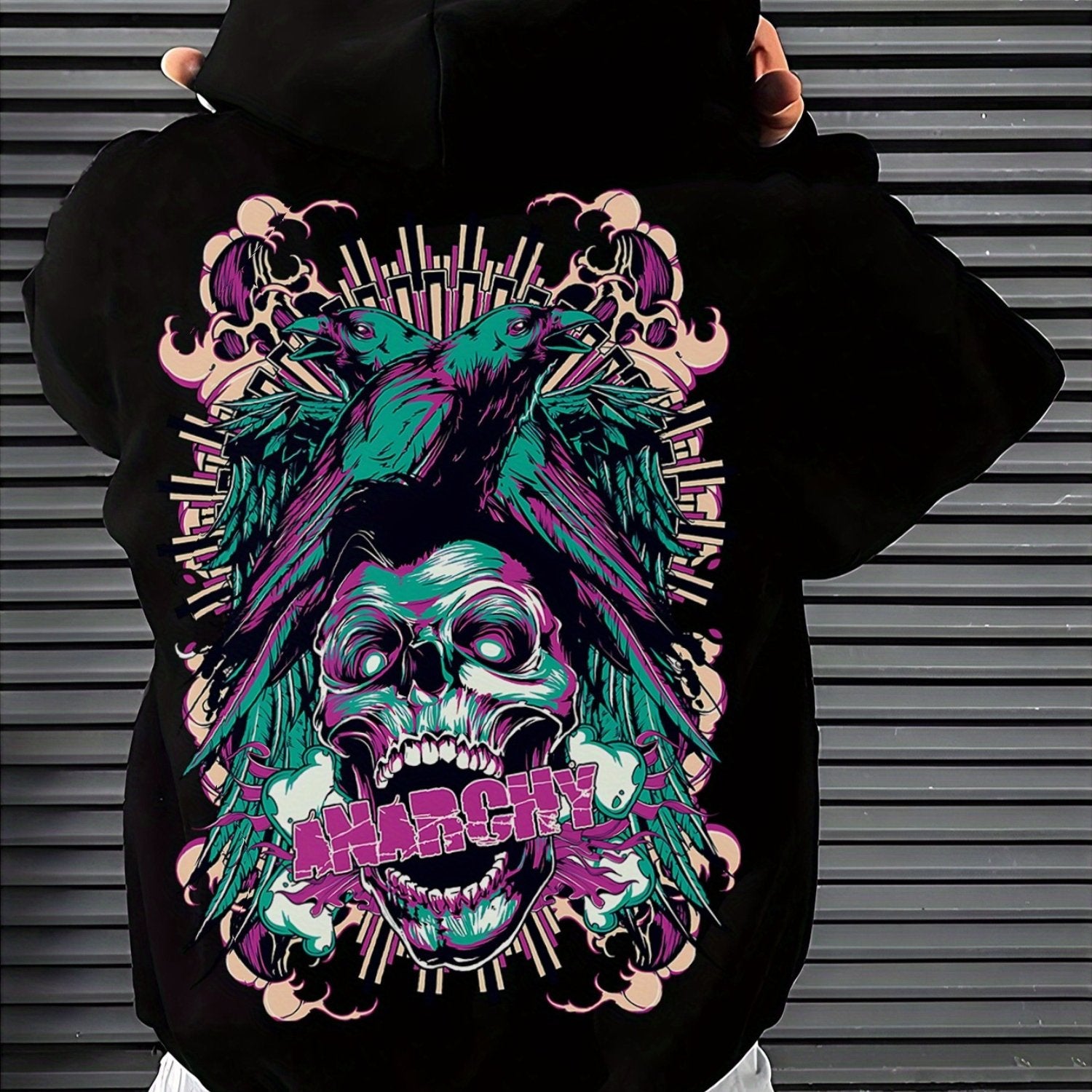 Men'S Skull and Geometric Pattern Cotton Blend Hoodie-Machine Washable, Casual Style, with Kangaroo Pocket, Perfect for Autumn and Winter Outdoor Activities, Casual Hoodie, Geometric Pattern, Outdoor Activities