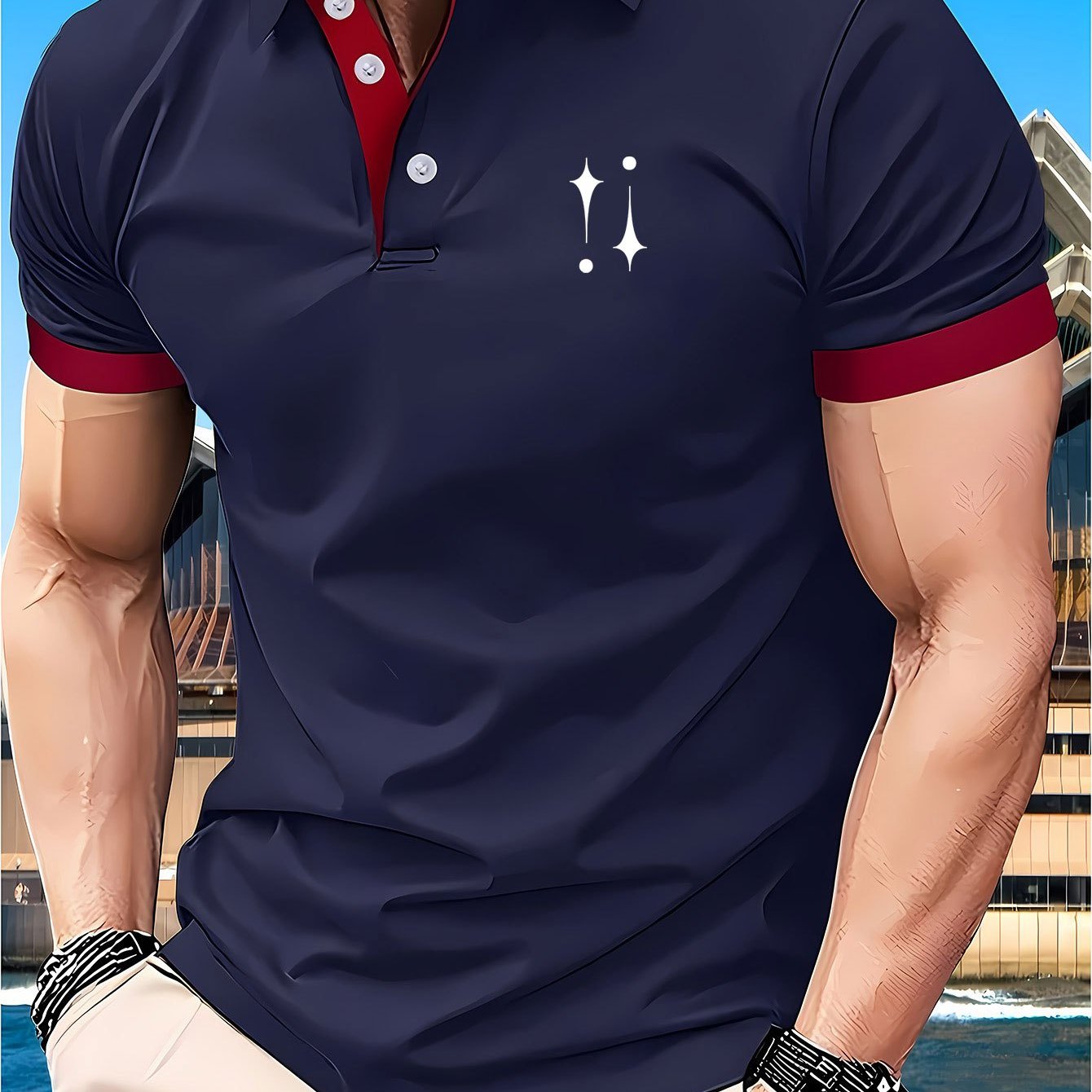 Men's 230g Lightweight Shirt - Summer Casual Short Sleeve Golf Top with Geometric Star Pattern, Contrast Red & White Trim, Breathable Regular Fit for Sports & Outdoor Activities, Golf Shirt, Active Lifestyle, Modern Design, D