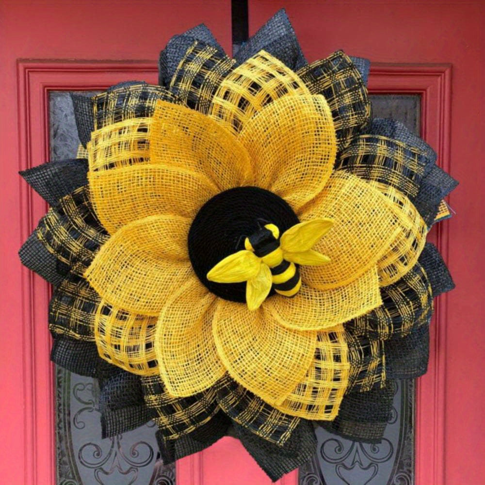 Rustic Burlap Sunflower Wreath with Bee Decor - Farmhouse Wall Art & Front Door Hanging for Easter, Spring, Summer, St. Patrick’s Day - No Electricity Needed, Vibrant Yellow & Black Checkered Design, Sunflower Outdoor Decor