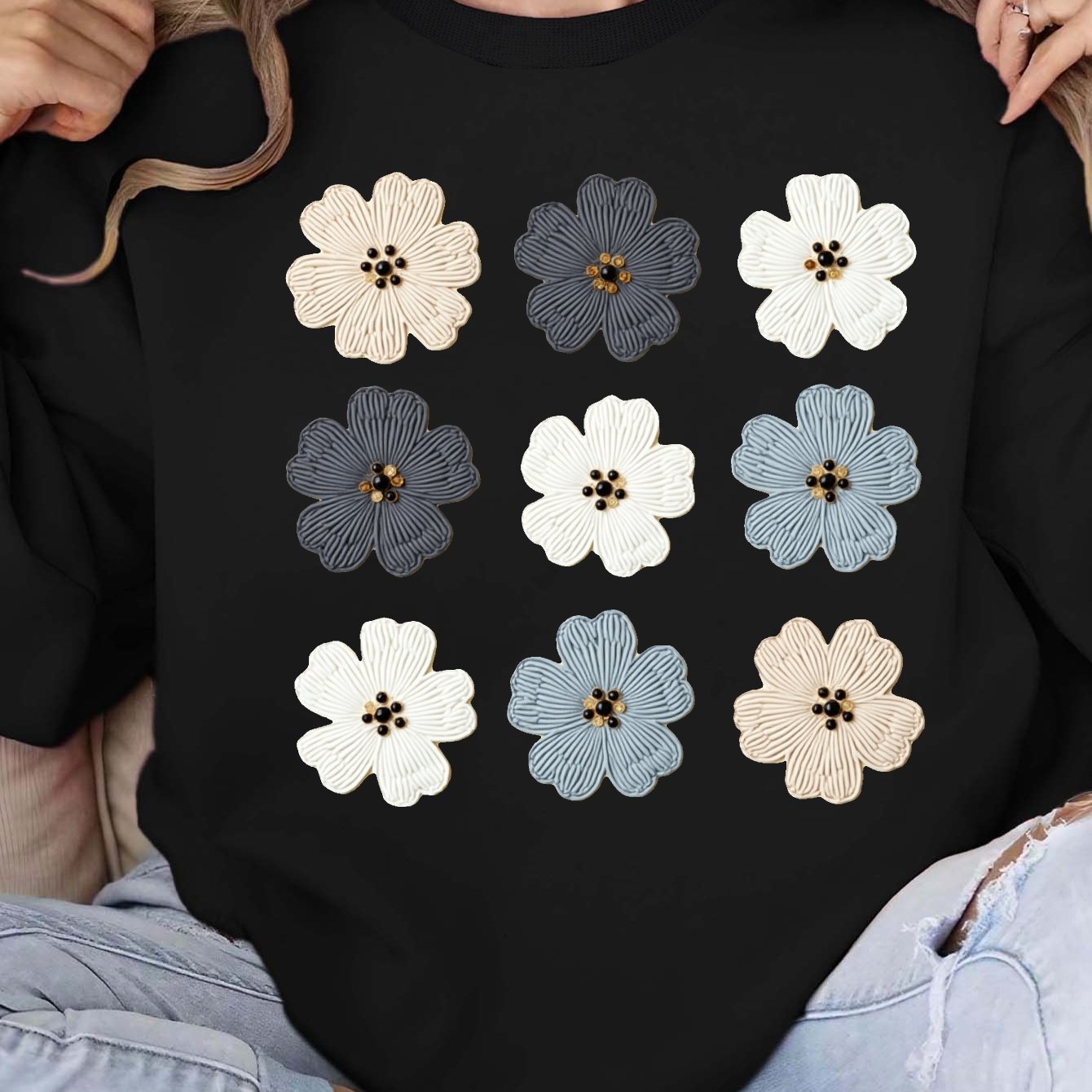 Women's Cozy Pink Floral Embroidered Sweatshirt with Bead Details - Soft Long Sleeve Pullover for Fall/Winter, Casual Round Neck Design, Machine Washable