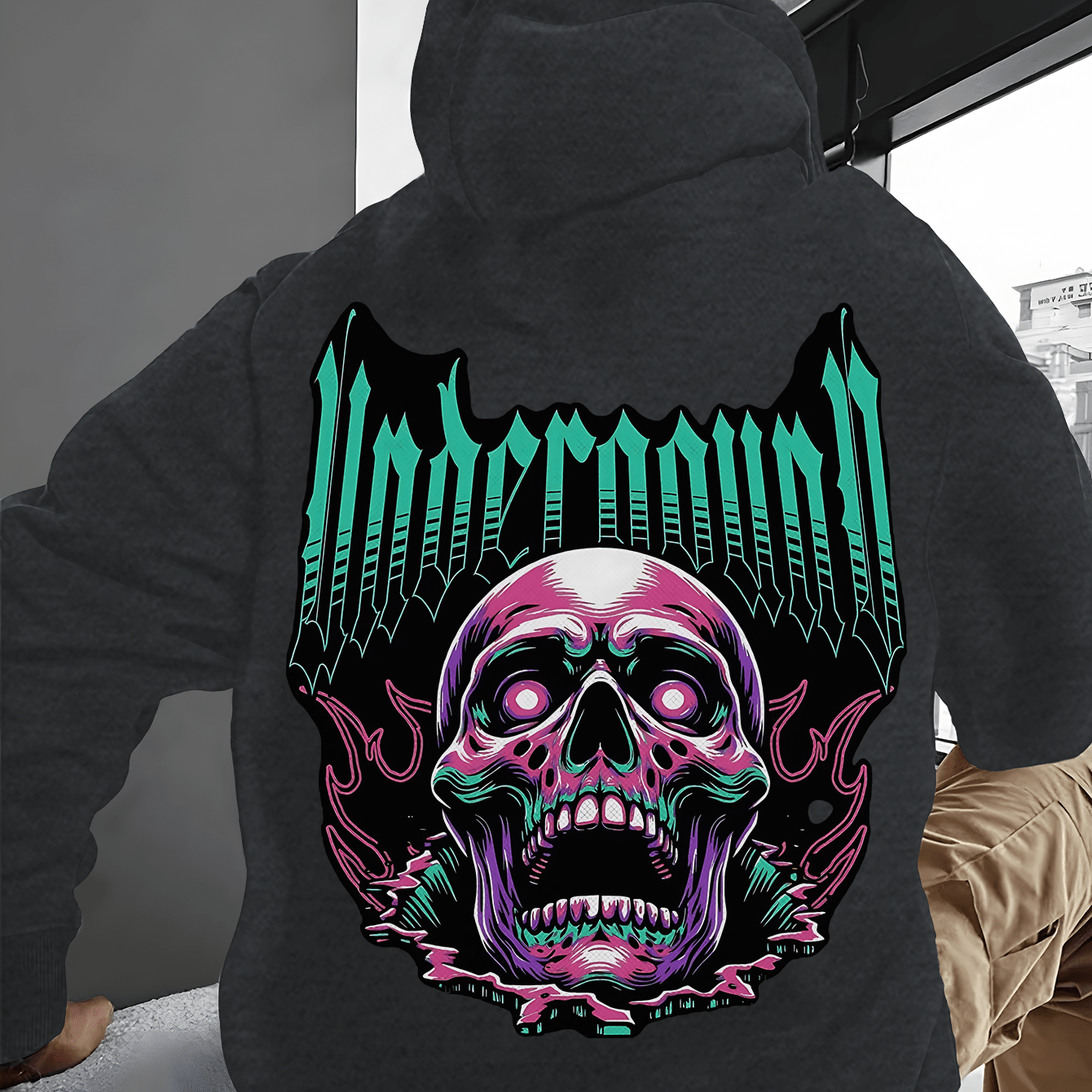 Men's Casual Cotton Blend Hoodie with Skull Print, 50% Cotton 50% Polyester, Knit Fabric, Regular Fit, Fall/Winter Collection, Soft and Comfortable with Pocket Detail
