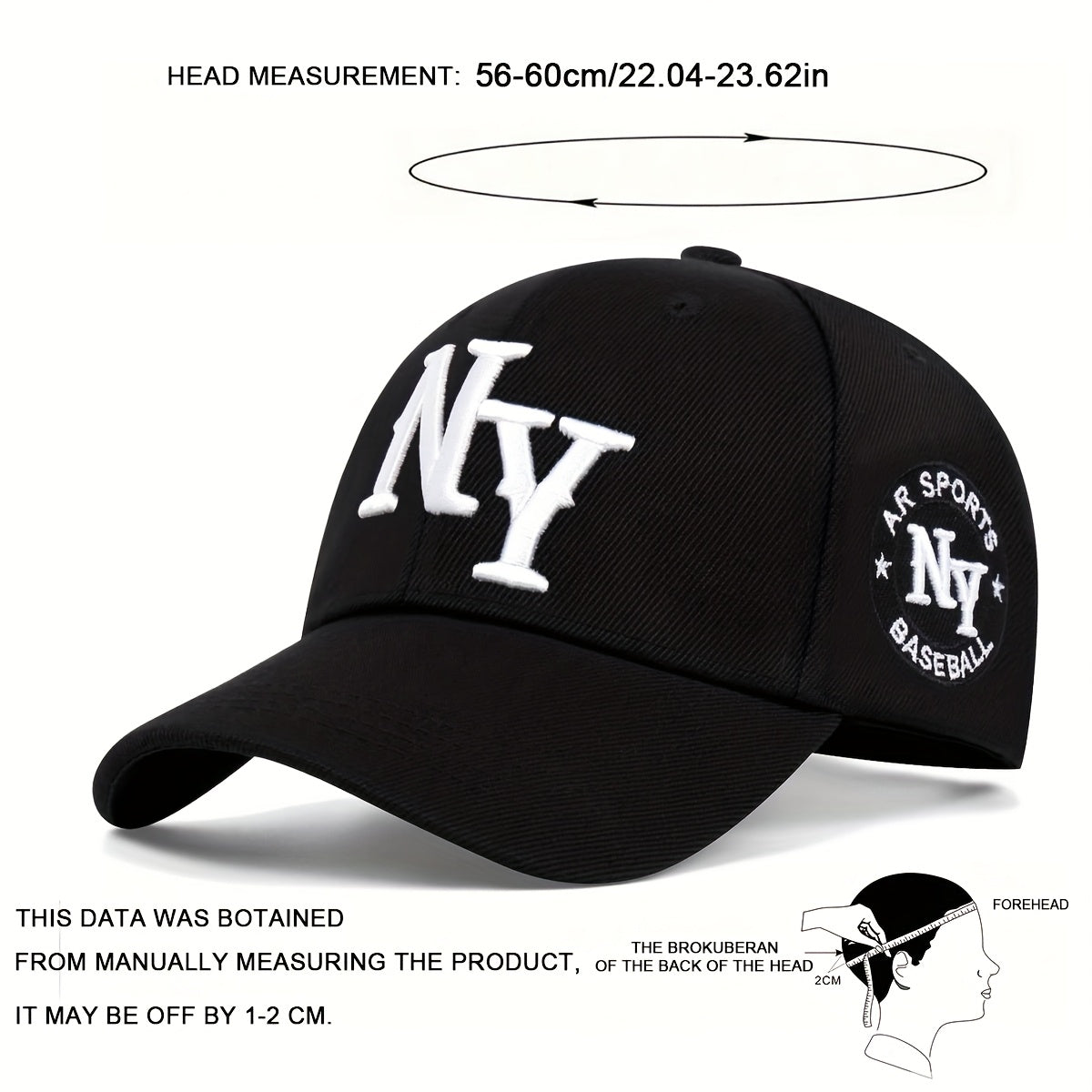 Men'S NY Embroidered Baseball Cap, Adjustable Sun Protection Casual Hat for Spring/Summer, Graphic Outdoor Travel Beach Vacation Cap, Polyester Fiber, Woven, Hand Wash, Buckle Closure