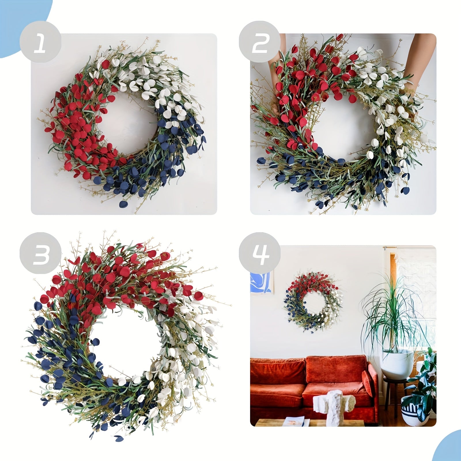22-inch American Flag Wreath, Patriotic Decor Wreath, Red White And Blue Artificial Floral Stems Wreath. Perfect for 4th Of July Independence Day, Memorial Day, And Flag Day Decorations. This Handcrafted Memorial Day Home Dec