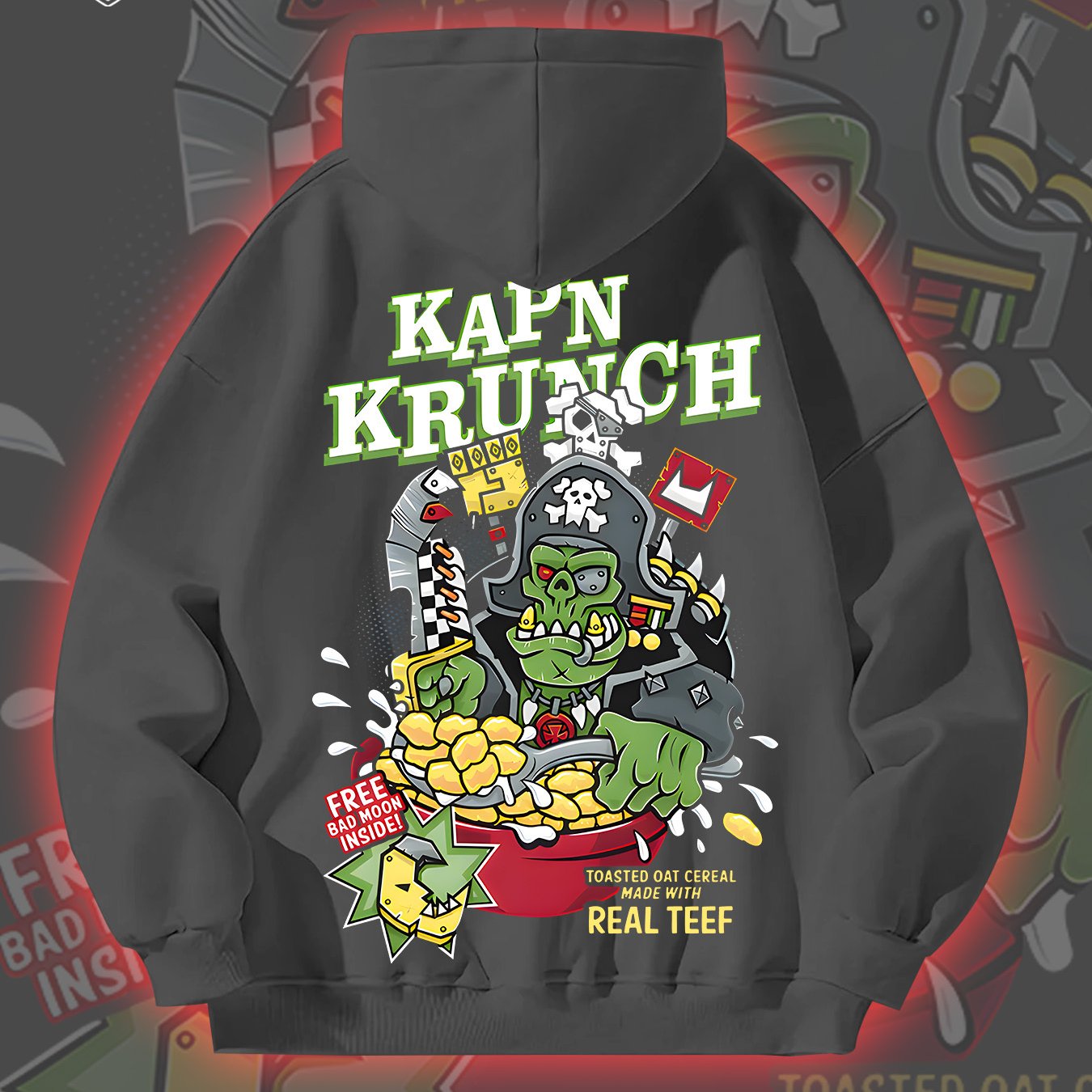 Street Cool KAP'N KRUNCH Pirate Oatmeal 270G Men'S Autumn And Winter Fleece Hoodie with Personalized Trendy Hip-Hop Streetwear And Kangaroo Pocket As a Gift Suitable for Individuals with Personality And Street Culture