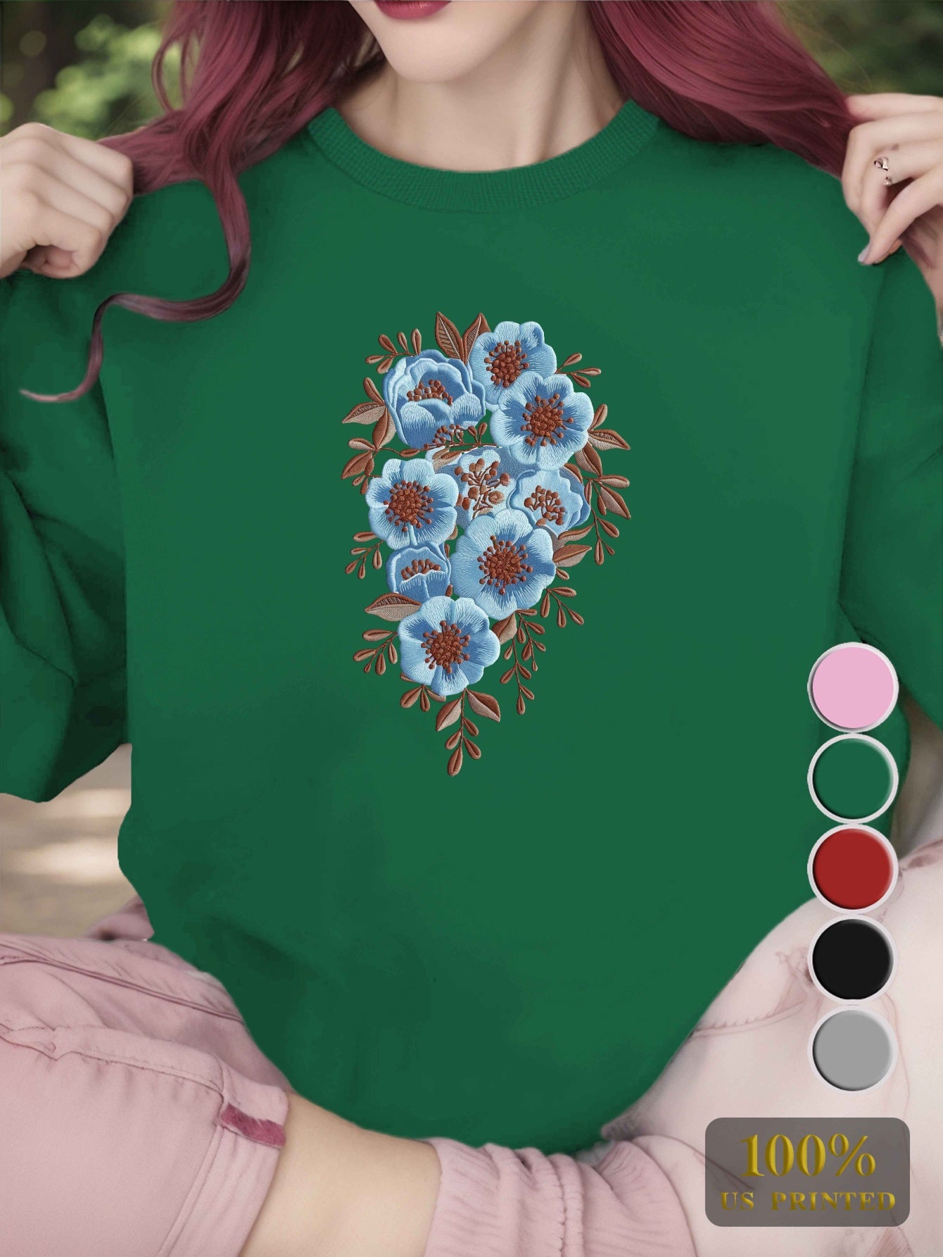 1pc Women'S Casual Floral Embroidery Crew Neck Sweatshirt - Polyester Knit Fabric, Geometric Pattern, Regular Length, Fall/Winter Collection