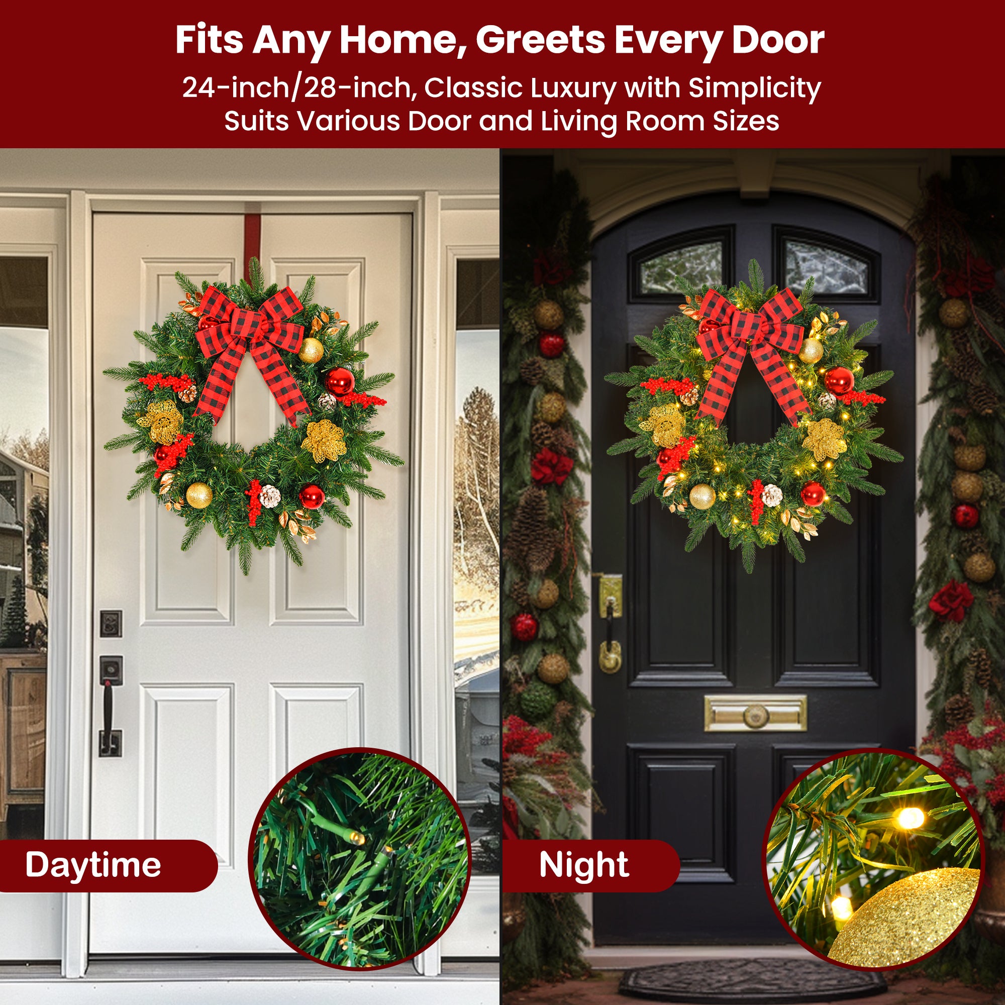 28inch 8 Modes Extra Large Pre-lit Christmas Wreath Artificial Deluxe Lighted Christmas Wreath Decorations Ornament with LED Lights Door Window Fireplace Decor Timer Function