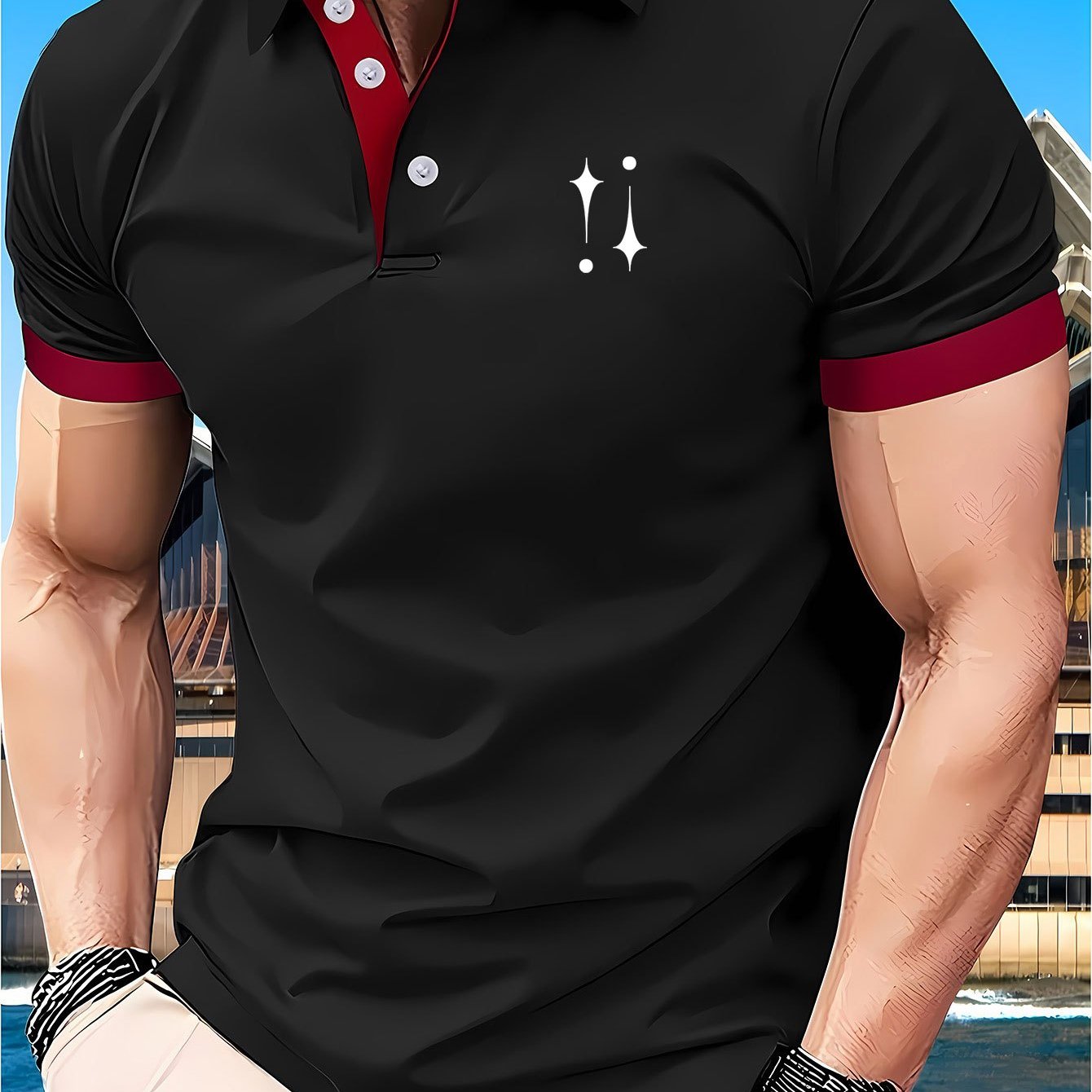 Men's 230g Lightweight Shirt - Summer Casual Short Sleeve Golf Top with Geometric Star Pattern, Contrast Red & White Trim, Breathable Regular Fit for Sports & Outdoor Activities, Golf Shirt, Active Lifestyle, Modern Design, D