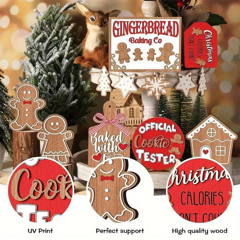Festive Christmas Tiered Tray Decor Set: Wooden Tiered Tray with Gingerbread, Snowmen & Santa Signs - Holiday Home & Kitchen Display Essentials, Perfect for Christmas Gifts, Party Favors, Home Table Displays, and Holiday Deco