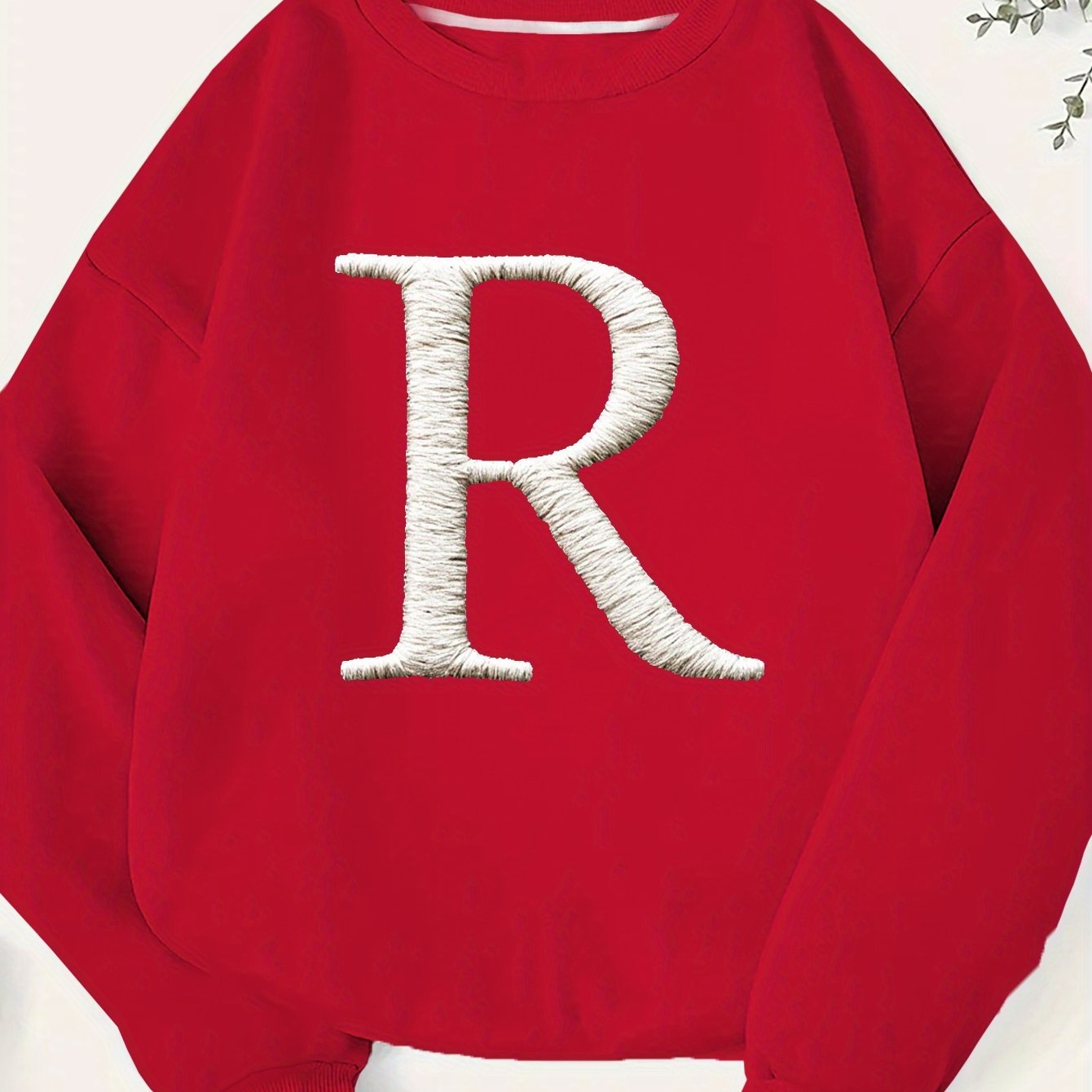 Women's Plus Size Embroidered Letter R Geometric Pattern Sweatshirt - Black & White Casual Long Sleeve Round Neck Pullover, Machine Washable Fall Winter Fashion Top, Cute Sweatshirts, Everyday Comfort, Relaxed Fit, Textured L
