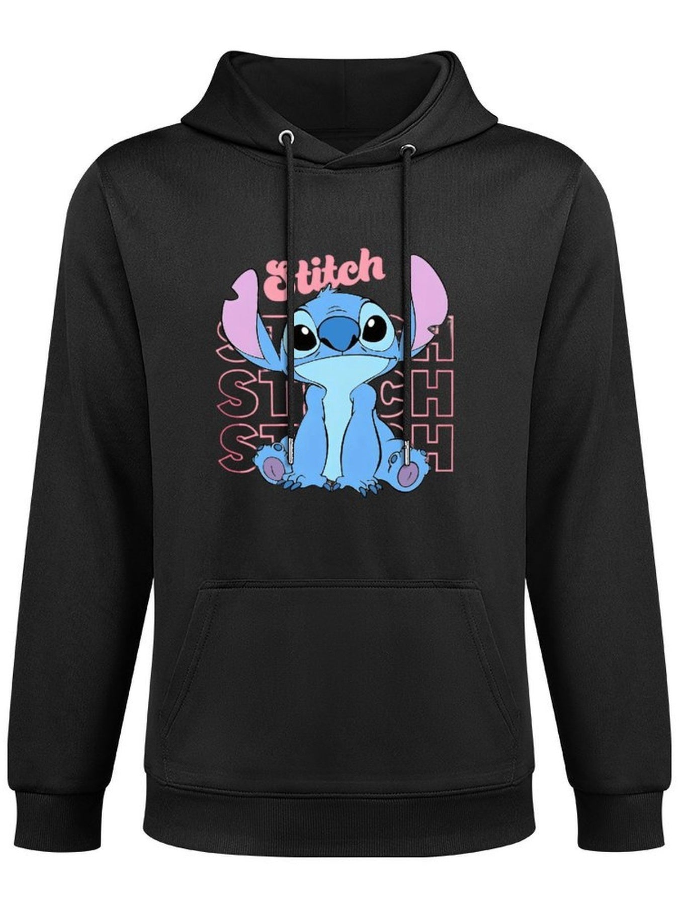 Disney Men'S Black Retro Pullover Hoodie with Stitch Cartoon Character Disney Friends Digital Print, Soft Regular Fit Casual Sweatshirt, Machine Washable, Disney Sweatshirt