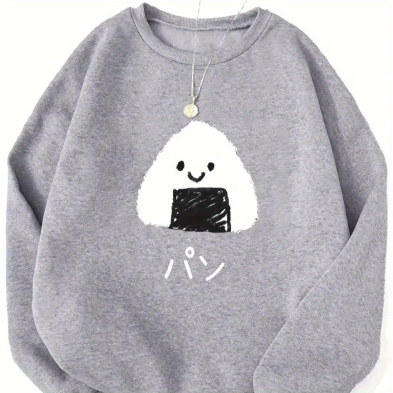 Women's Casual Crew Neck Sweater - Cozy Cartoon Rice Ball Print Long Sleeve Pullover, Medium-Stretch Knit Grey Sweatshirt for Autumn/Winter, Machine Washable, Winter Comfort Clothing | Playful Graphic Design | Mediumstretch