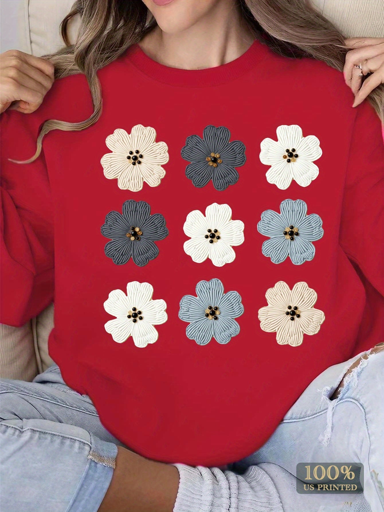 Women's Cozy Pink Floral Embroidered Sweatshirt with Bead Details - Soft Long Sleeve Pullover for Fall/Winter, Casual Round Neck Design, Machine Washable