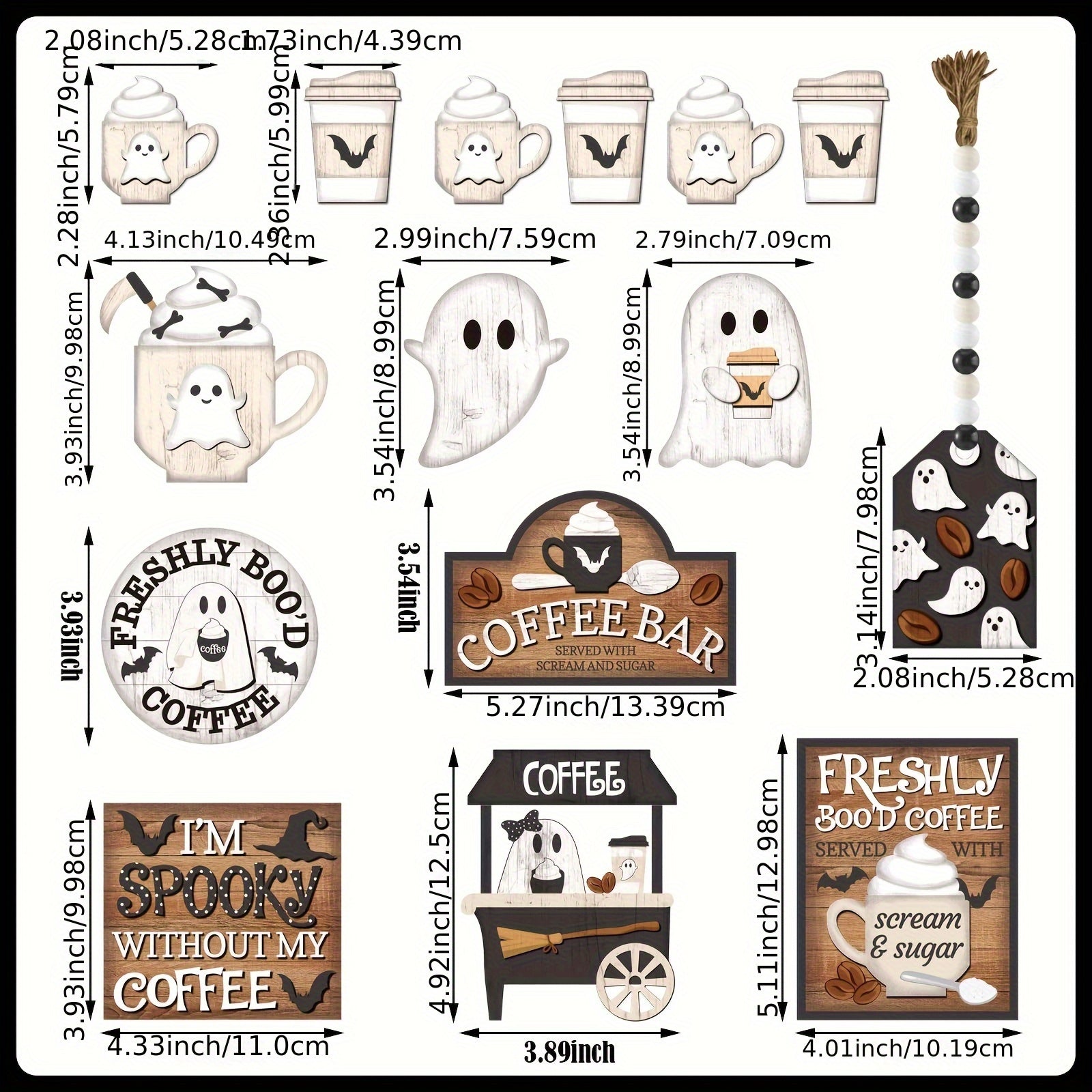Halloween Tiered Tray Decor Coffee Ghost Decorations Wooden Signs And Bead Garland Farmhouse Rustic For Home Table Party Supplies, Black, White