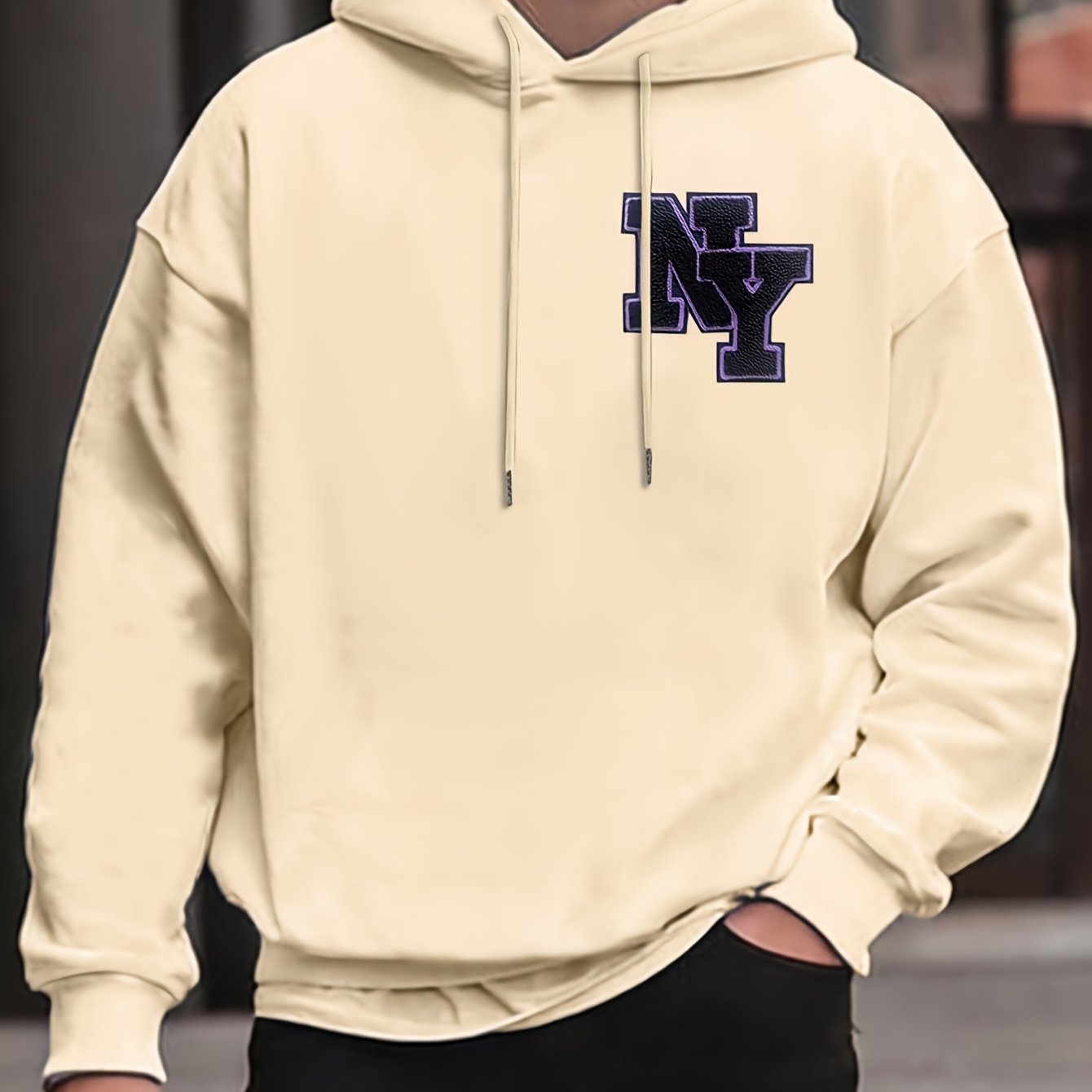 New York Embroidered Men's Hoodie - Casual Pullover with Drawstring, Long Sleeve & Kangaroo Pocket | Cozy Polyester Blend for Fall/Winter