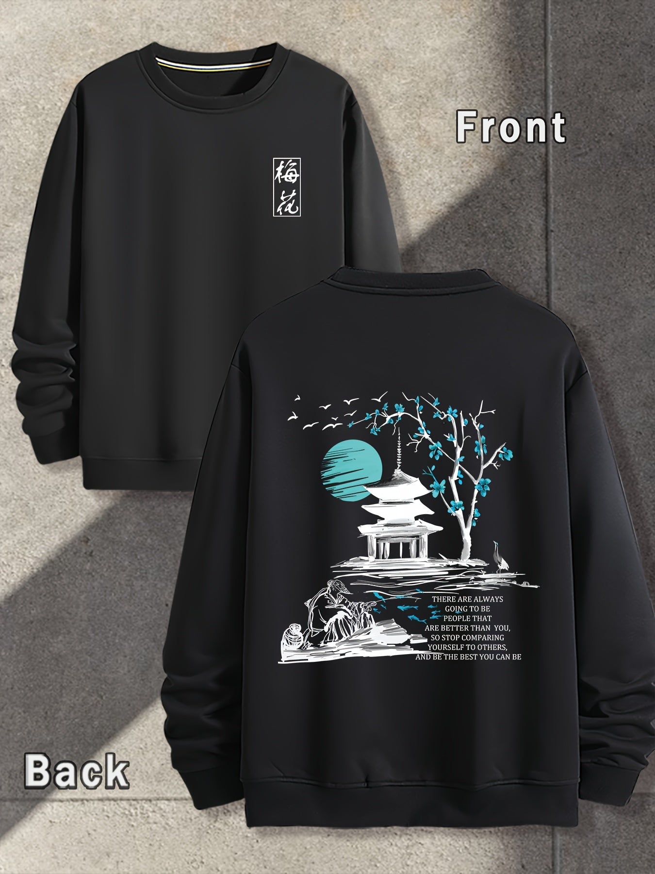 Spring And Autumn, Men'S Fashion Crew Neck Sweater, Plum Blossoms, Front And Rear Printing Patterns Of The Pavilion, Outdoor Wear Inside And Outside With The Same Crew Neck Sweater For Men And Women
