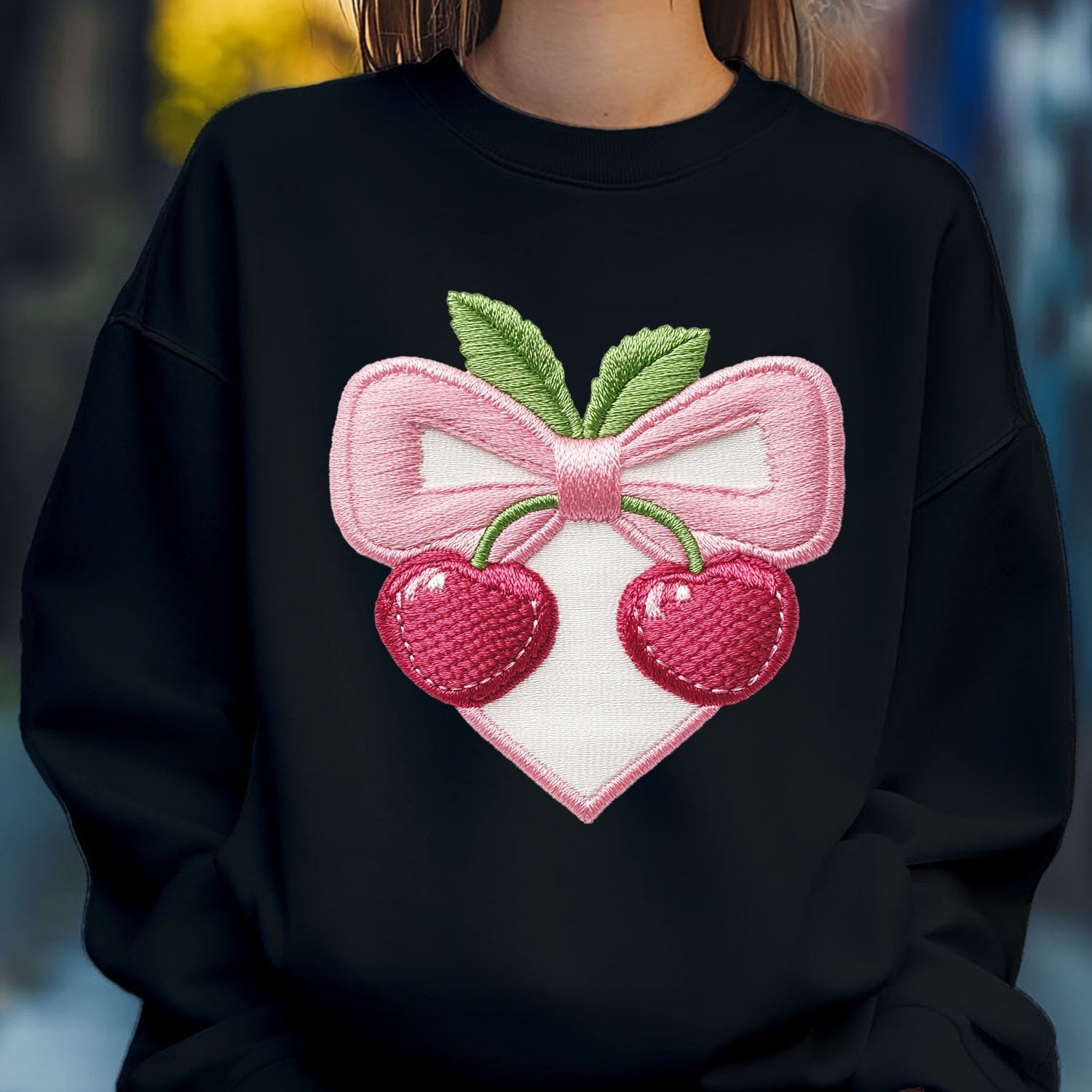 Women's Cherry Love Heart Bow Embroider Print Sweatshirt Pullover - Fall Loose Fit Long Sleeve Crew Neck Casual Comfy Cotton Knit Top with Floral Print, Machine Washable, Cute Style for Autumn/Winter