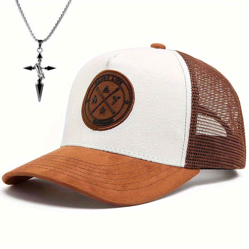 2pcs Men's Street Style Baseball Cap and Cross Necklace Set - Trendy Suede Snapback with Mesh Back, Black & White Design, Fashion Accessory