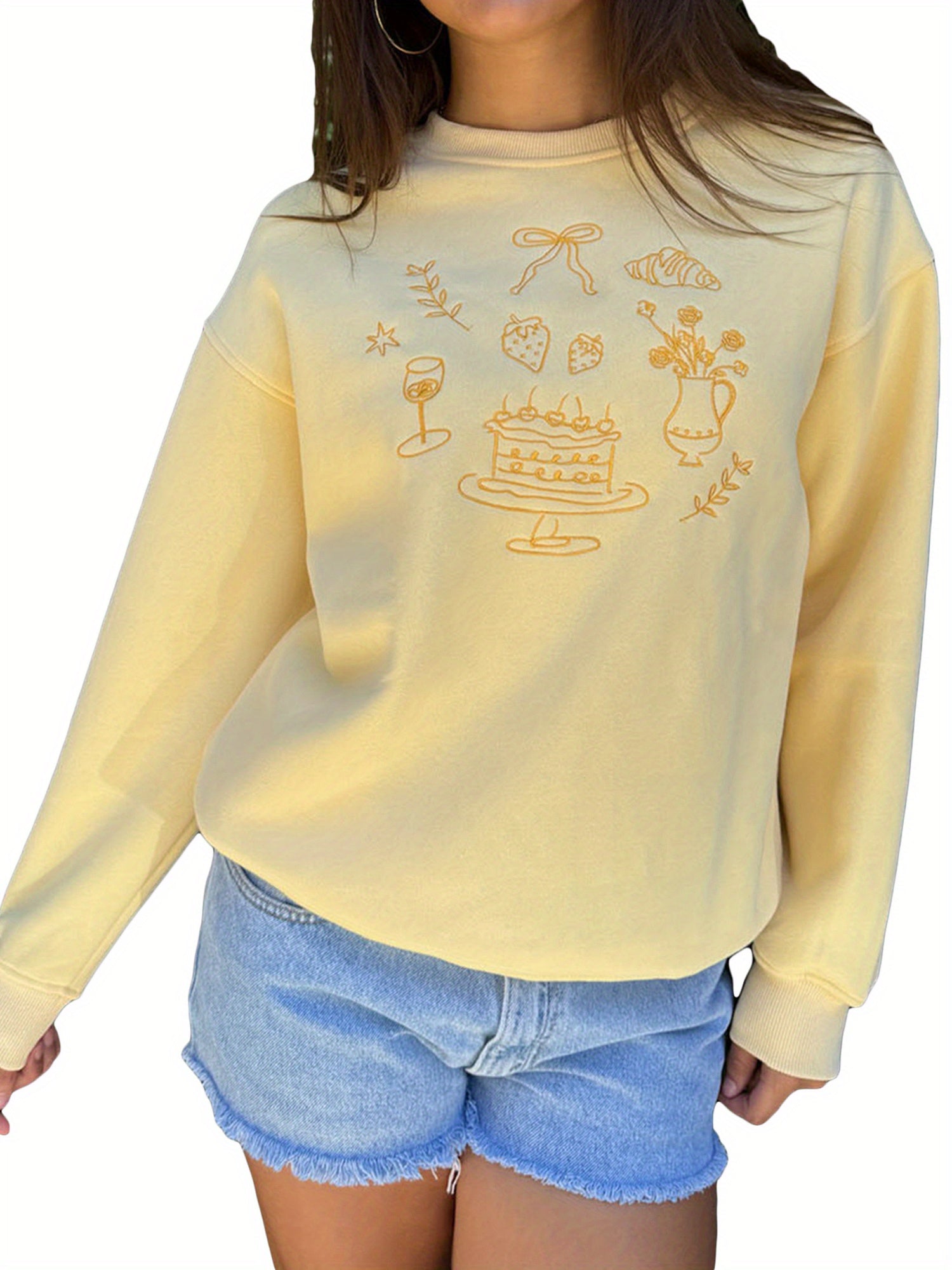 Womens Sweatshirts Long Sleeve Pullovers Crew Neck Blouse Cake Embroidery Loose Tops Trend Clothes for Casual