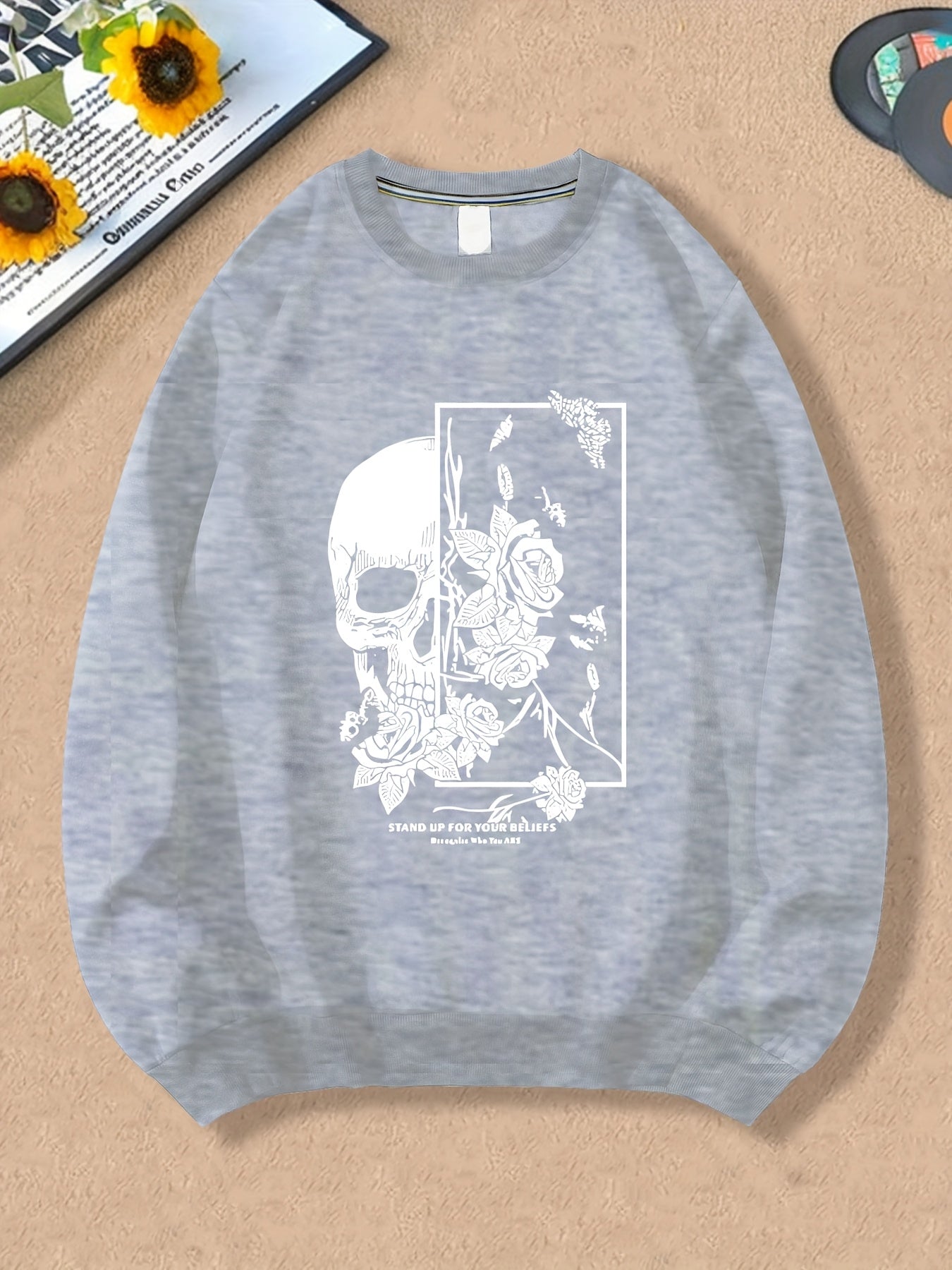Spring And Autumn, Men'S Fashion Crew Neck Sweater, Skull Rose Letter Print Pattern, Outdoor Wear Inside And Outside With The Same Crew Neck Sweater For Men And Women