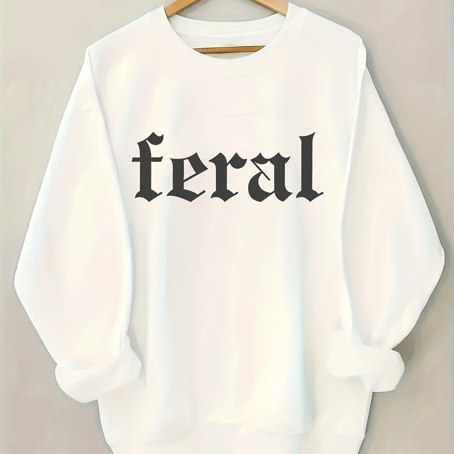Women's Black Feral Print Pullover Sweatshirt - Soft Casual Long Sleeve Crew Neck with Bold White Lettering - Machine Washable All-Season Comfort, Cute Sweatshirts, Everyday Comfort, Modern Sweatshirt, Durable Comfort, Weeken