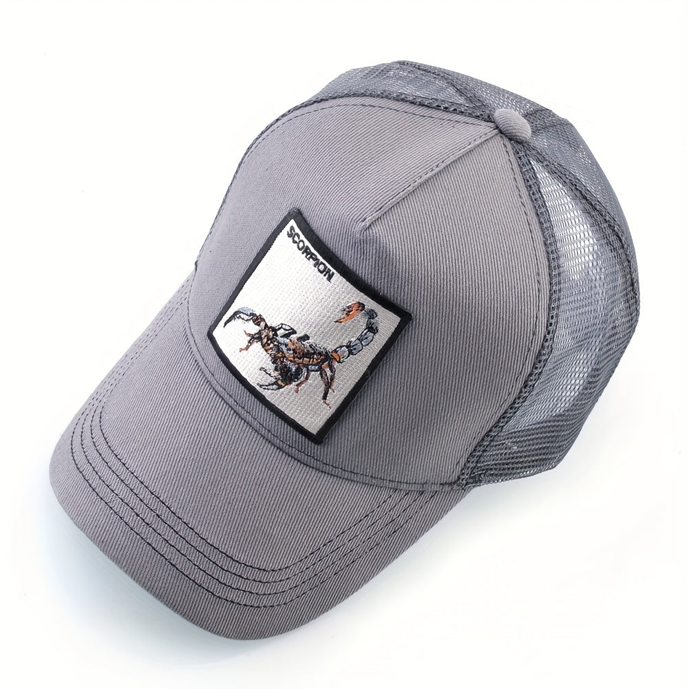 Unisex Embroidered Scorpion Baseball Cap - Breathable Mesh Trucker Hat for Outdoor Sports & Hip-Hop Style, Summer Casual Wear, Black & Beige Design with Bold