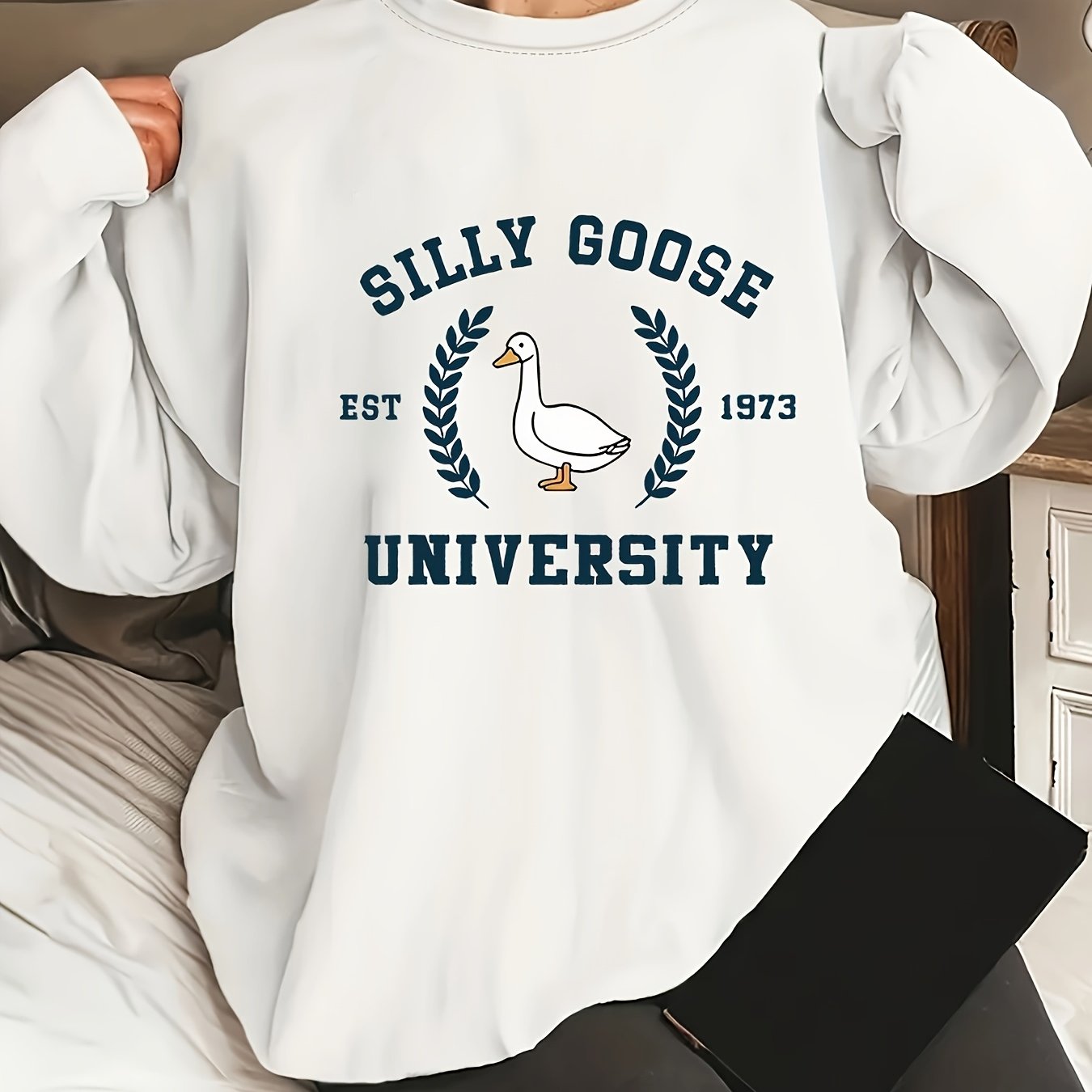 Silly Goose Comfort Workshop Women's Casual Crew Neck Sweatshirt - Silly Goose University 1978 Graphic Print, Soft Beige, Regular Fit, Machine Washable, Allseason Apparel, Playful Design, Durable Fabric
