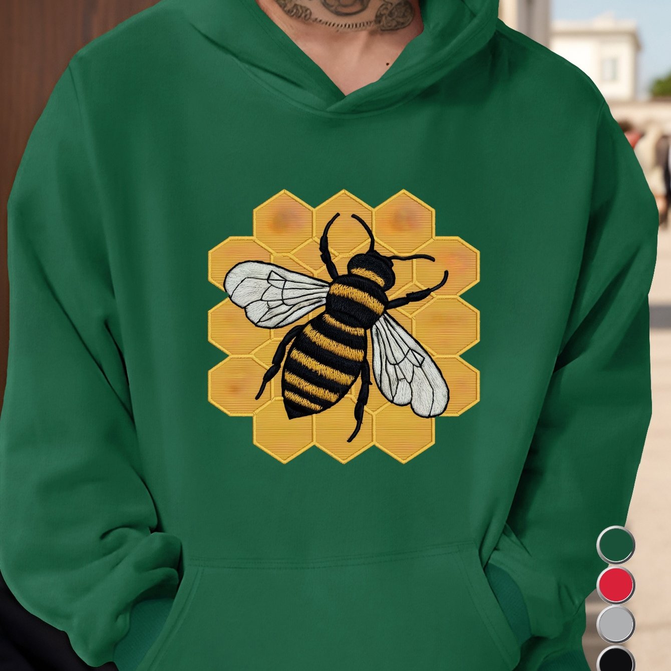 honeycomb detailed embroidered bee illustration men's hoodies