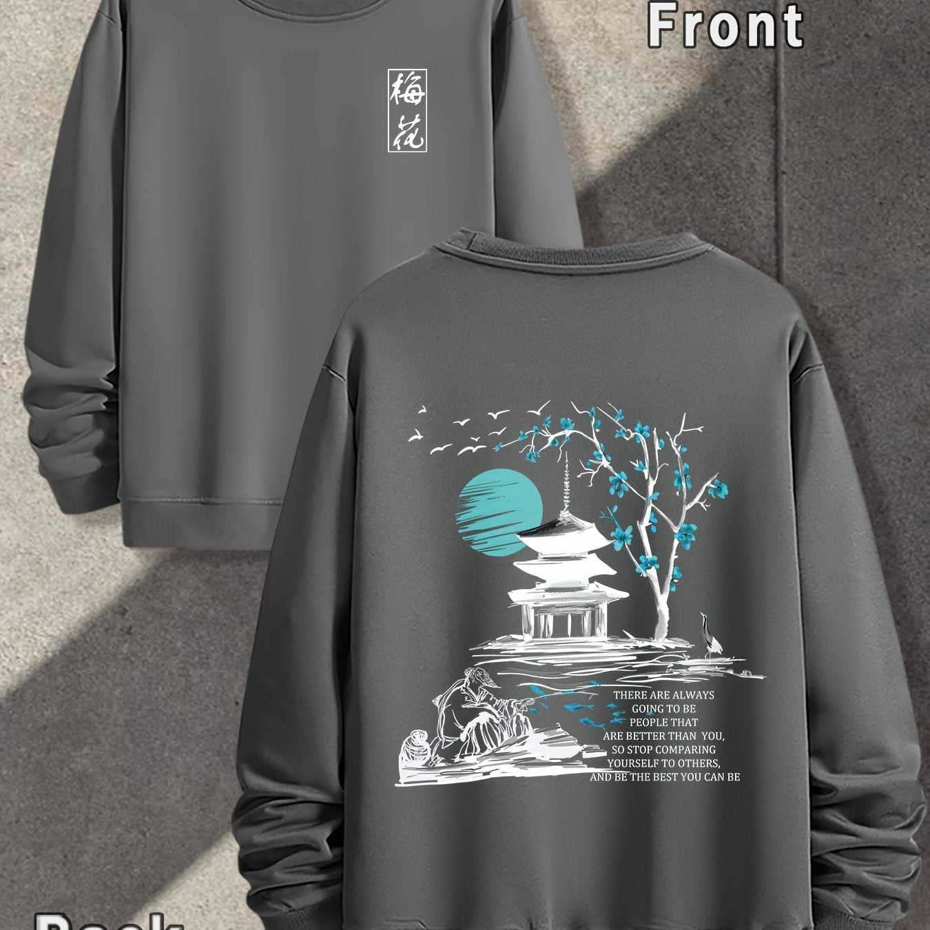 Spring And Autumn, Men'S Fashion Crew Neck Sweater, Plum Blossoms, Front And Rear Printing Patterns Of The Pavilion, Outdoor Wear Inside And Outside With The Same Crew Neck Sweater For Men And Women