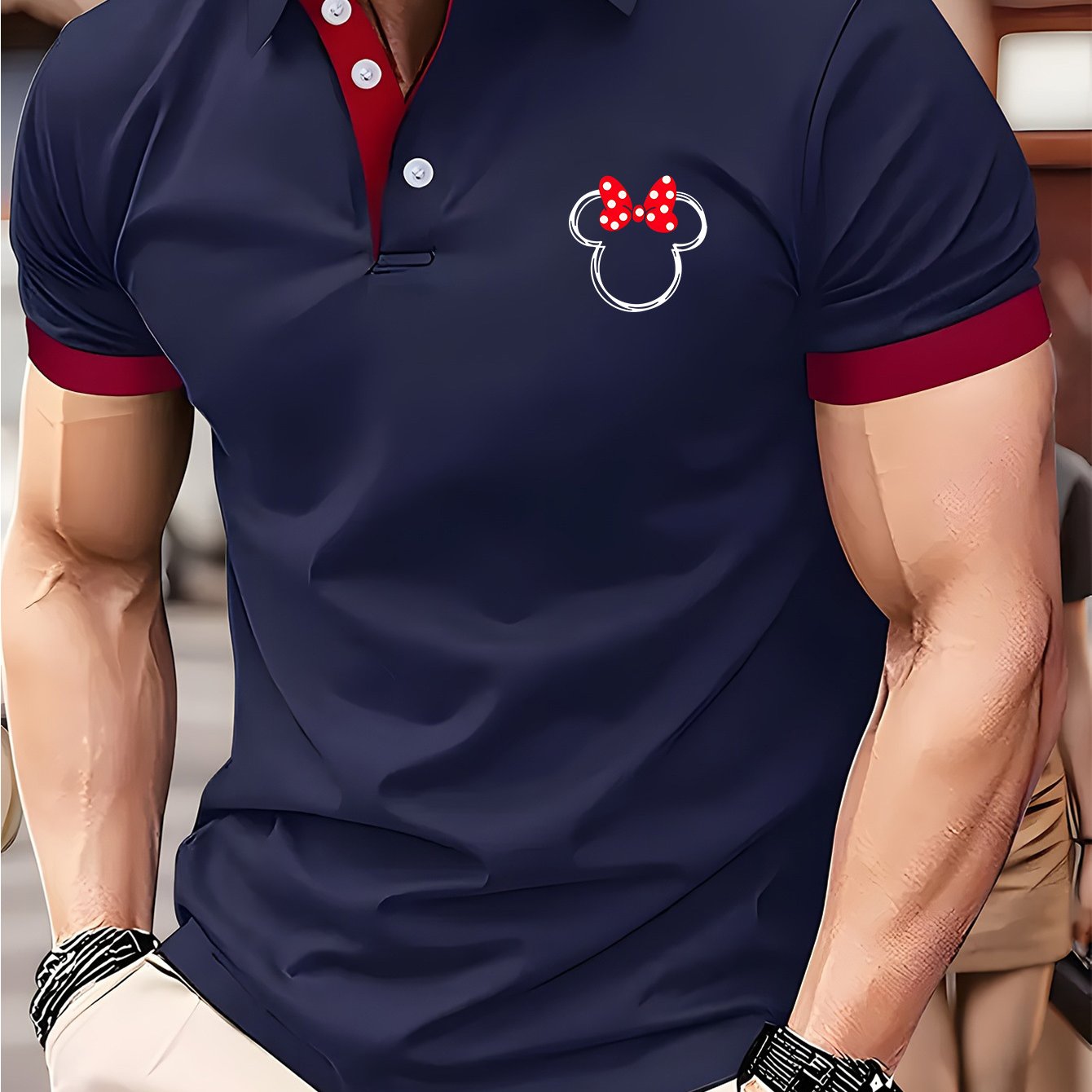 Disney Minnie Mouse Bow Print Men's Shirt - Maroon & Navy Color Block Collar & Cuffs, Lightweight Quick-Dry Polyester, Breathable Golf & Tennis Shirt, Business Casual Summer Top, Machine Washable Gift for Him, Breathable Poly