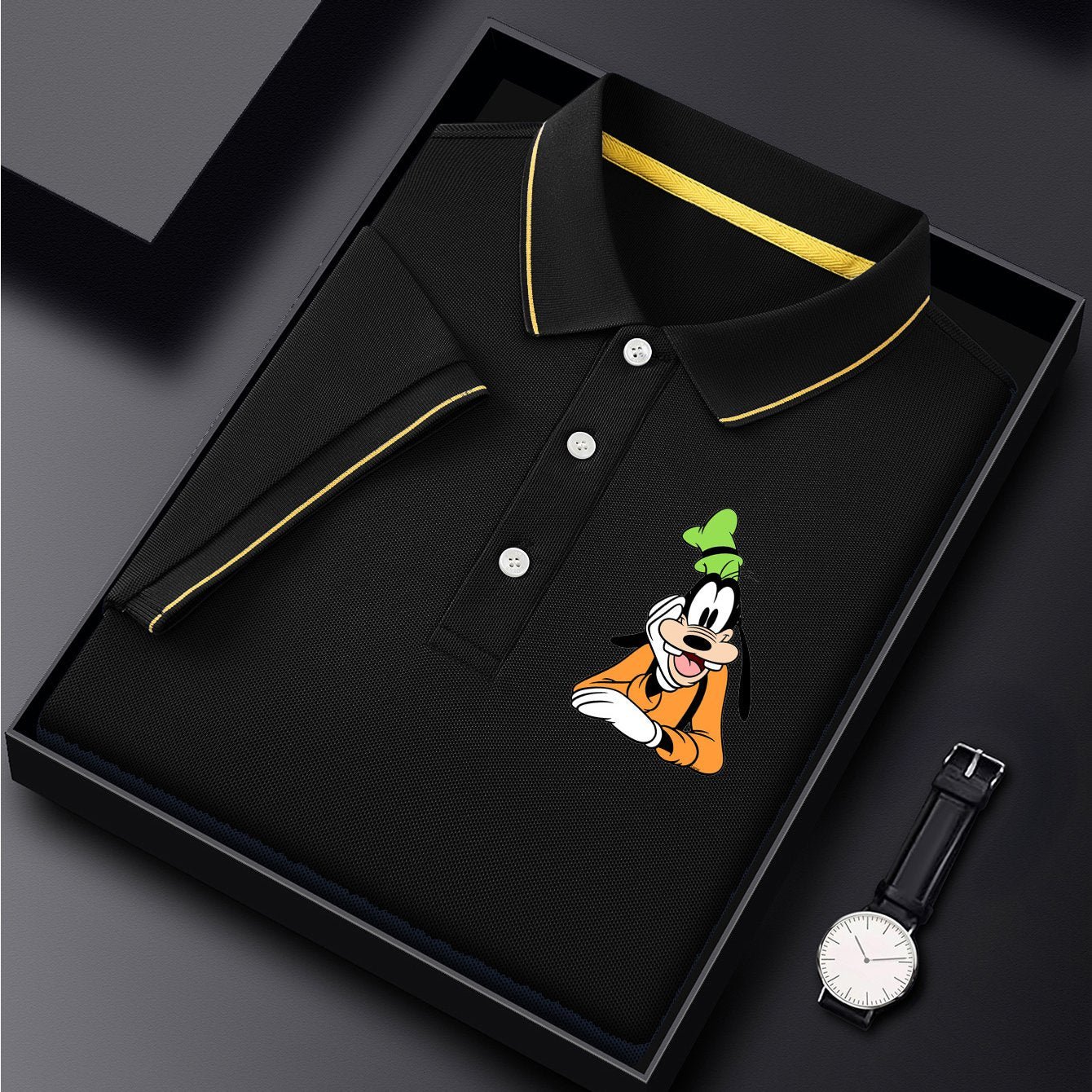 Disney Men's Classic Shirt with Goofy Dog Print - Lightweight Quick-Dry Breathable Polyester, Short Sleeve Collar, Business Casual Style, Summer Comfort, Display Gift Box - Perfect Father's Day Gift for Husband, Casual Comfor
