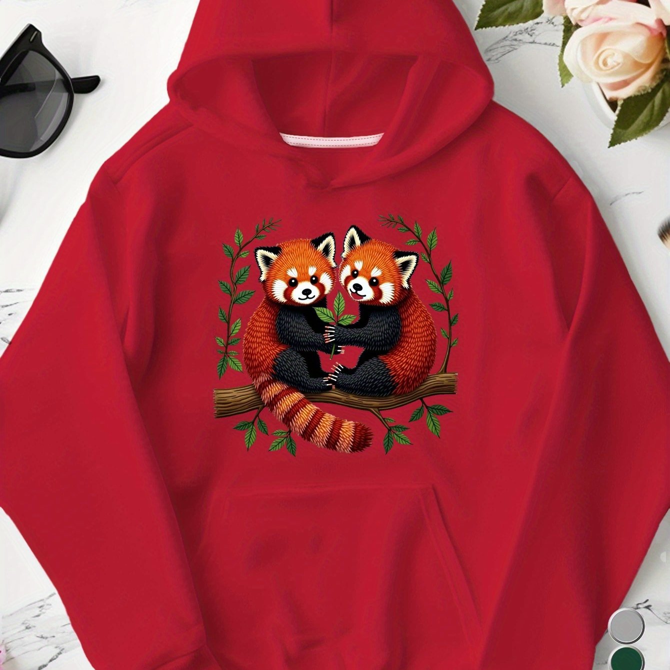 Women's Plus Size Embroidered Red Pandas Branch Hoodie - Grey Casual Pullover with Front Pocket, 100% US Printed Design, Machine Washable Autumn Winter Sweatshirt, Animal Lover Apparel, Playful Animal Design, Detailed Embroid