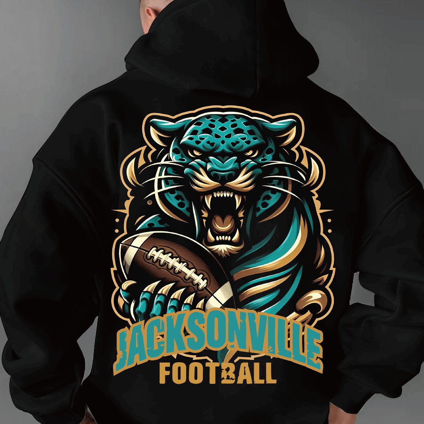 Men's Jacksonville Football-Themed Hoodie - Casual Cotton Blend, Long Sleeve Pullover with Drawstring & Kangaroo Pocket, Black with JAGUAR Graphic, Football Hoodie