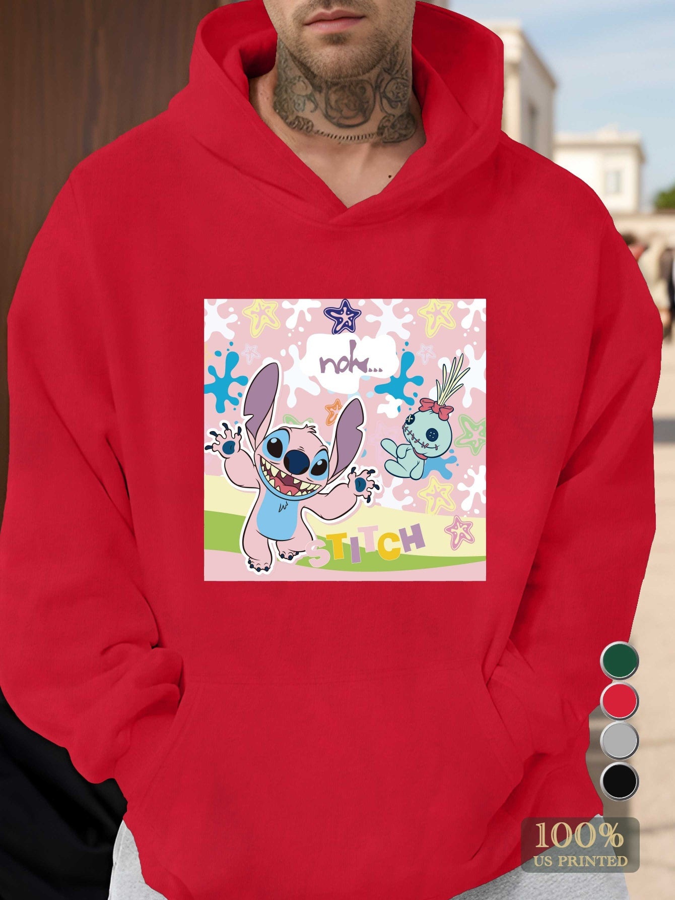 Disney Stitch Men's Graphic Hoodie - 100% US Printed Relaxed Fit Pullover with Pockets, Machine Washable Casual Sweatshirt for Fall/Winter, Winter Clothing, Nonstretch Fabric, Fall Fashion, Streetwear Style, Durable Material,