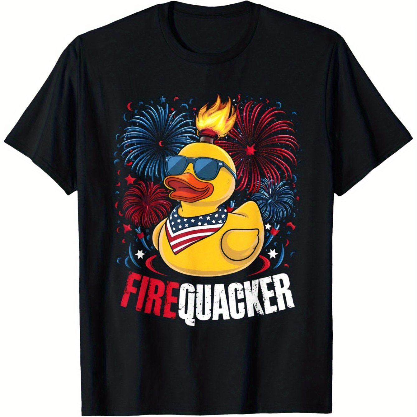Men's Patriotic Fourth of July Funny T-Shirt - Cool Duck Graphic with Fireworks & American Flag Fashion Glasses Design, 100% Cotton 180g Fabric, S-XXXL Sizes for Summer Outdoor Independence Day Celebrations, Casual Wear, Humo