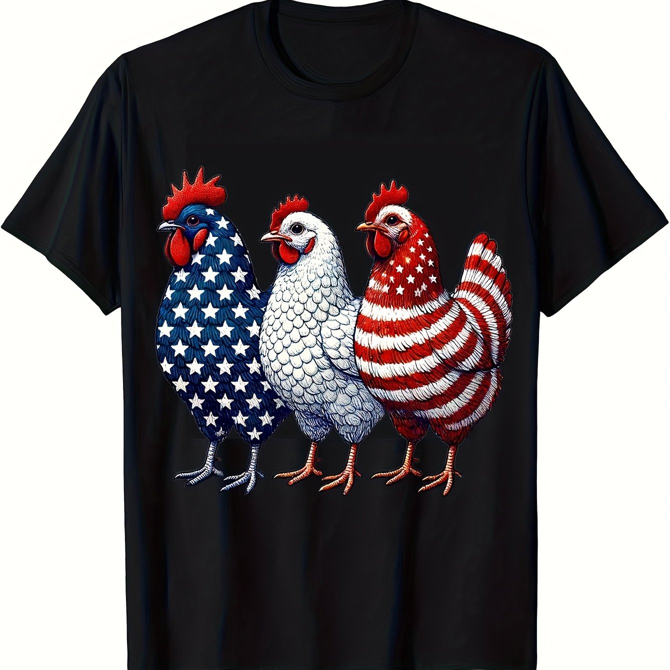 Men's Patriotic American Flag Chicken Graphic T-Shirt - 100% Cotton Loose Fit Casual Tee with Star Stripe Design, Machine Washable Round Neck Short Sleeve for Spring Summer Outdoor BBQ & Independence Day, Chicken Shirt, Summe