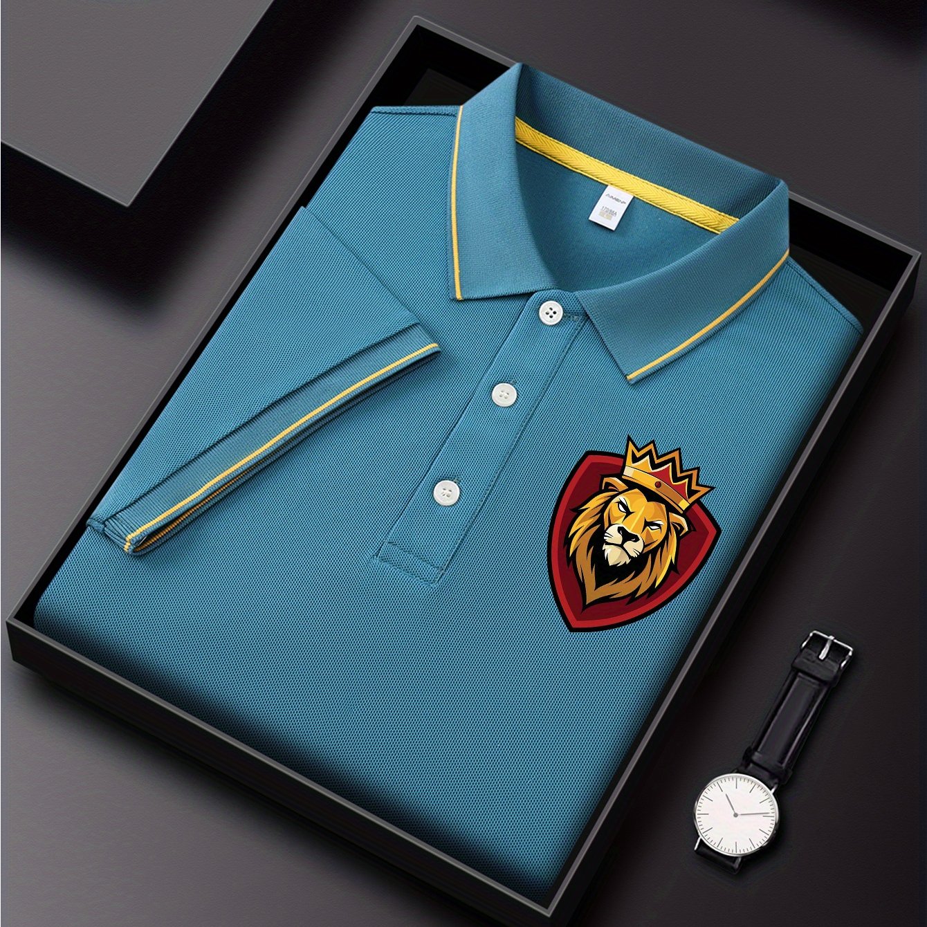 Disney Men's Classic Shirt with Simba Lion King Print - Lightweight Quick-Dry Breathable Polyester, Short Sleeve Collar, Premium Casual Business Casual Style, Vibrant Green with Red Shield Emblem & Golden Crown - Summer Casua