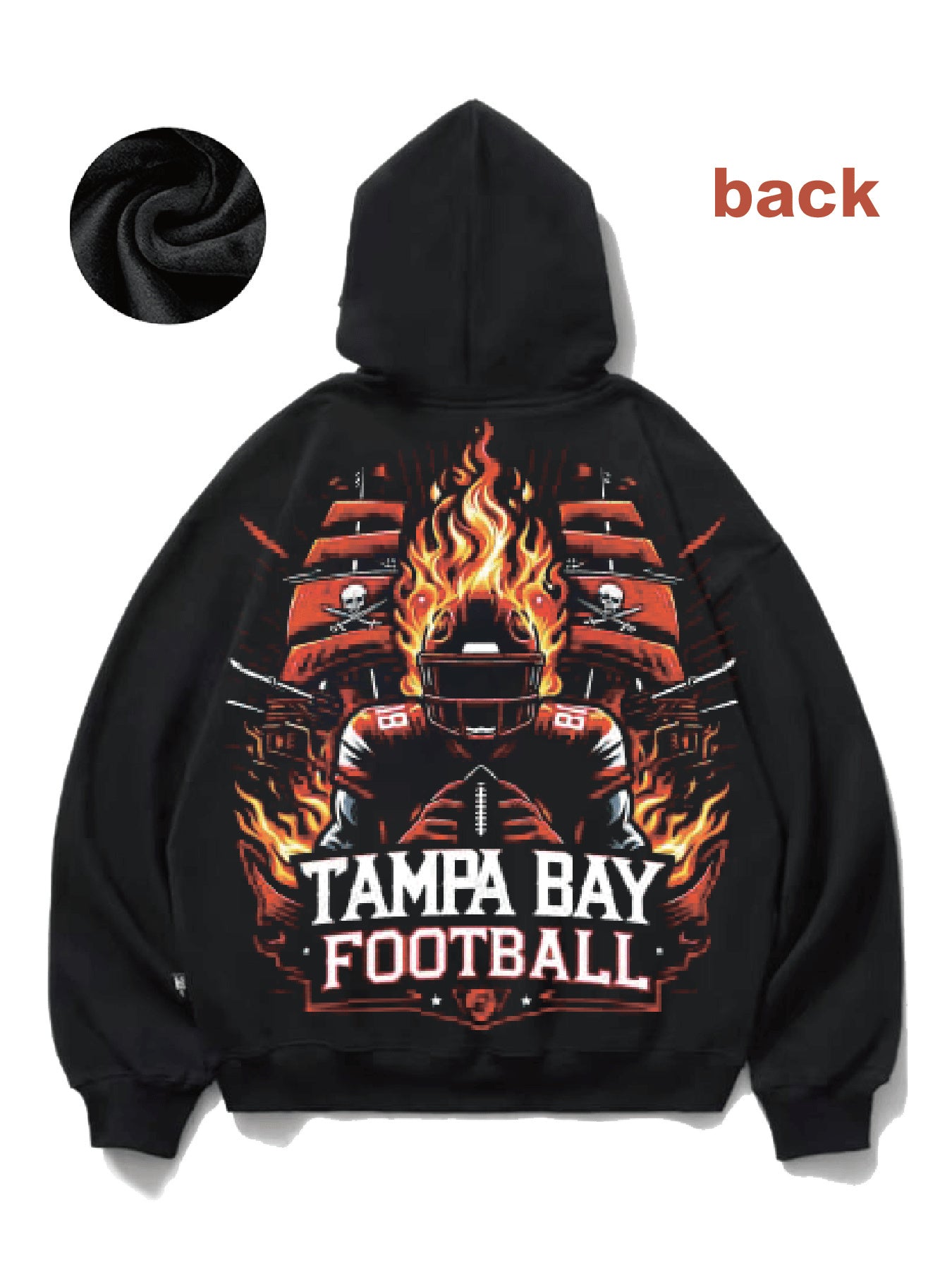 A Tampa Bay Football Pattern Hoodie, Crew Neck Sports Sweater, Regular Version Knitted Fabric, with Flame and Skull Pattern, Geometric Pattern, Slight Elasticity, Casual Style