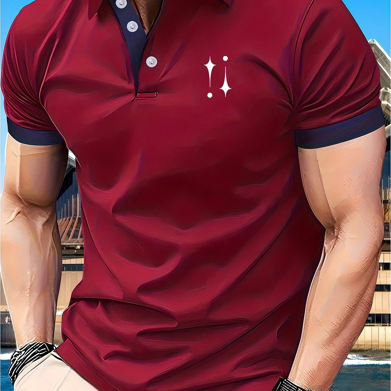 Men's 230g Lightweight Shirt - Summer Casual Short Sleeve Golf Top with Geometric Star Pattern, Contrast Red & White Trim, Breathable Regular Fit for Sports & Outdoor Activities, Golf Shirt, Active Lifestyle, Modern Design, D